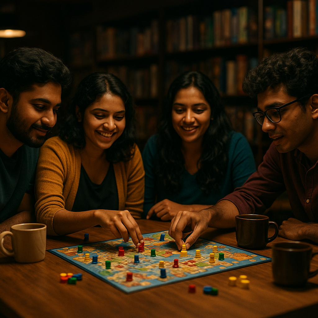 Small group at a weekend board-game café