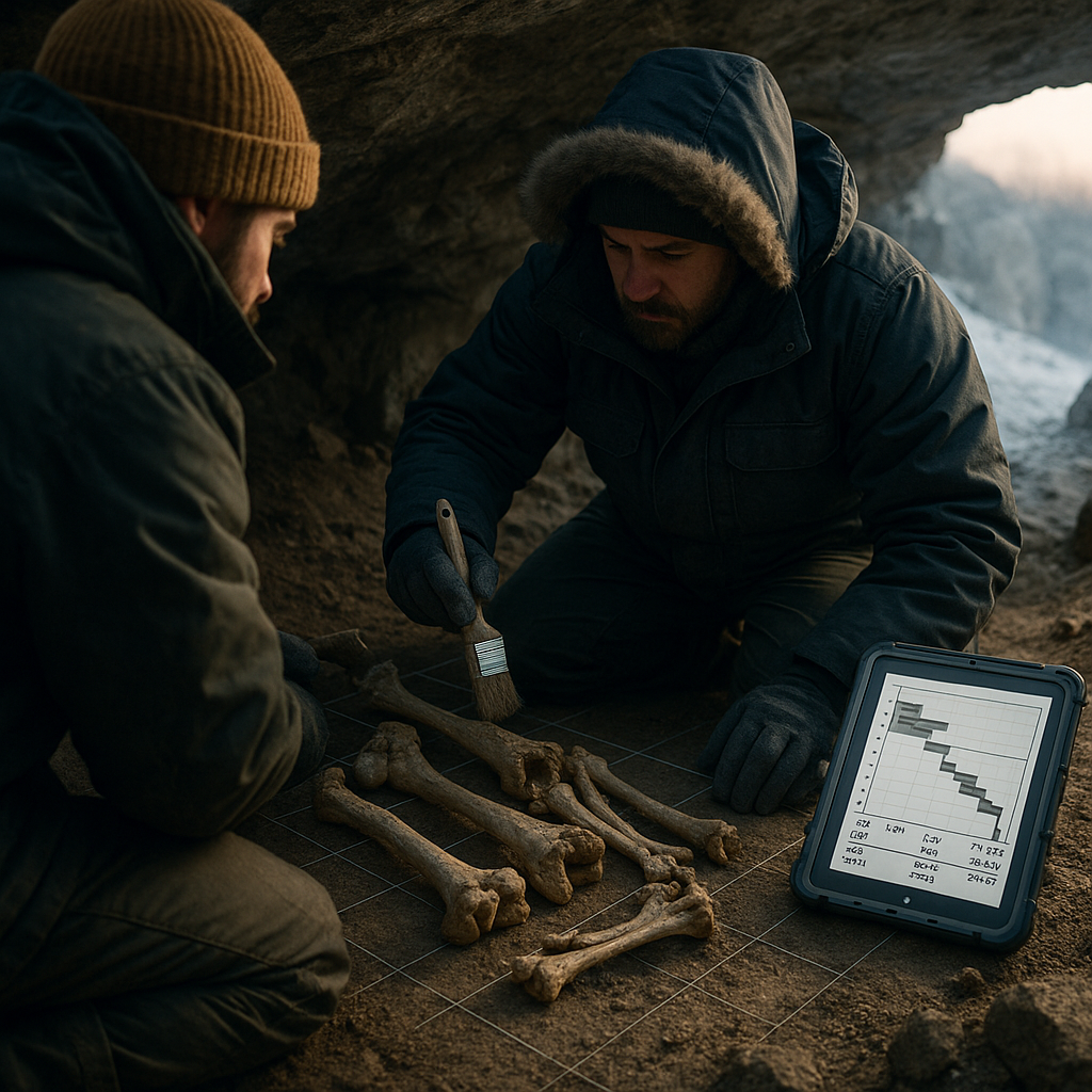 Researchers examining Ice Age bones in a Norwegian rock shelter