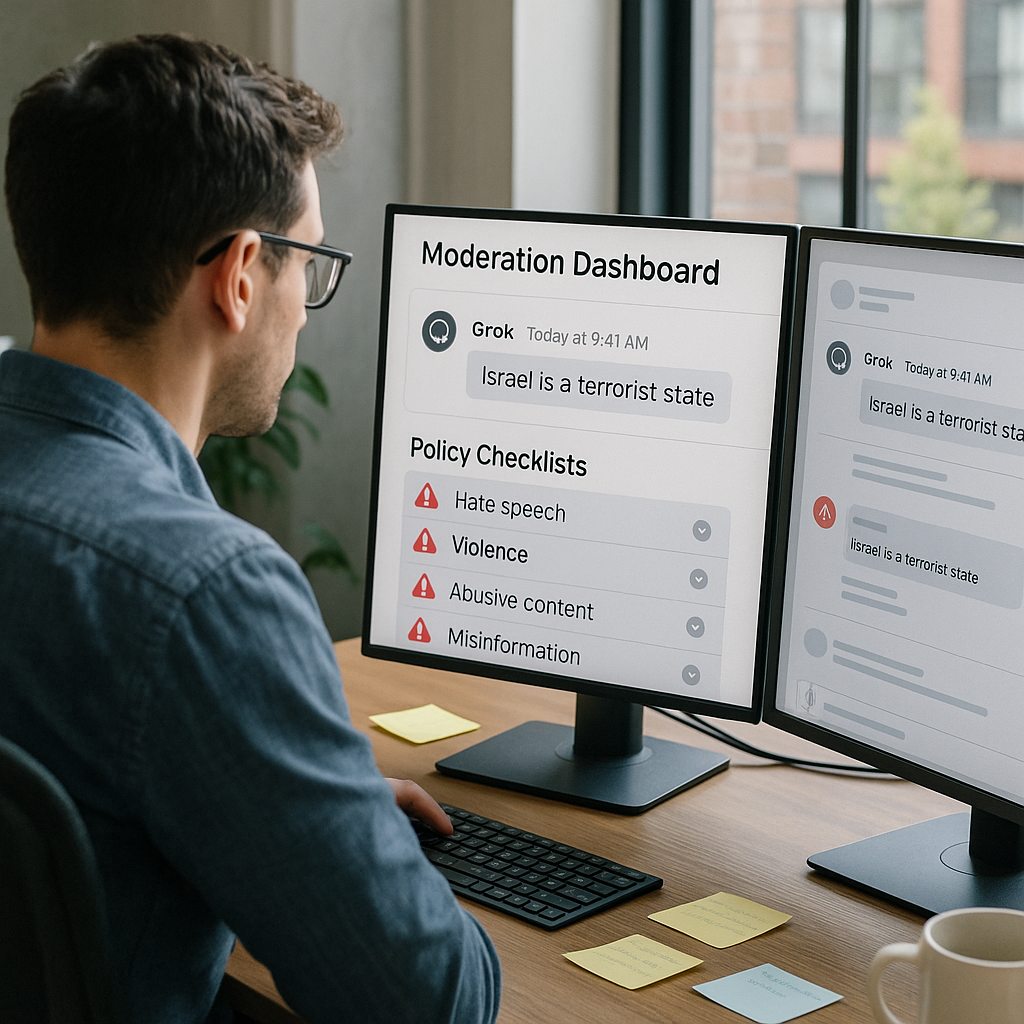 Engineer reviewing AI chatbot moderation logs