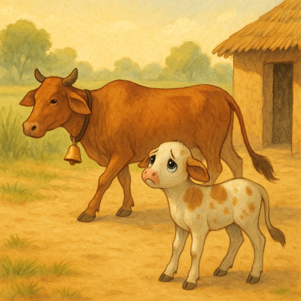 A gentle brown cow with a bell around her neck, and a small white-spotted calf looking up sadly. — V