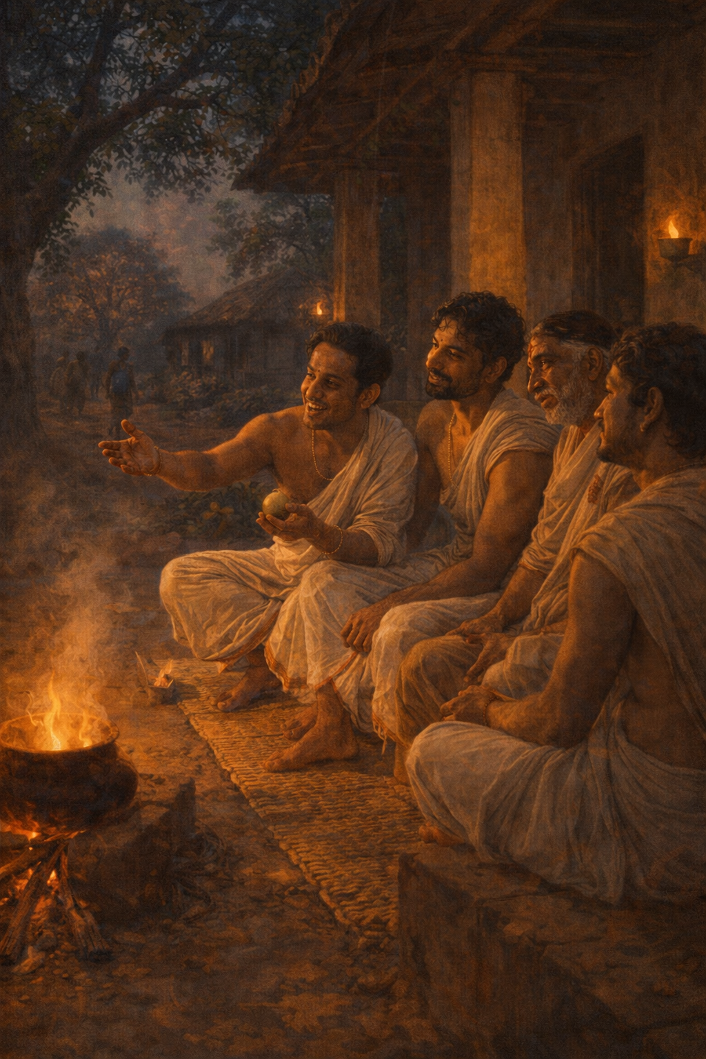 The Bhakta Ghara verandah — Madhu, Gopala, old Hara and friends in evening conversation, gesturing toward Bishu&rsquo;s house in the lane