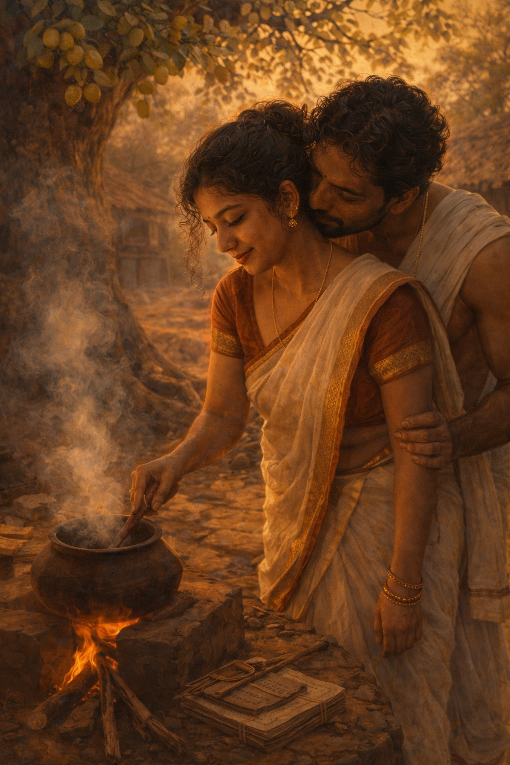 UshaRani cooking by the firewood stove near the bara koli tree, Bishu leaning close to her neck, her eyes closed in happiness