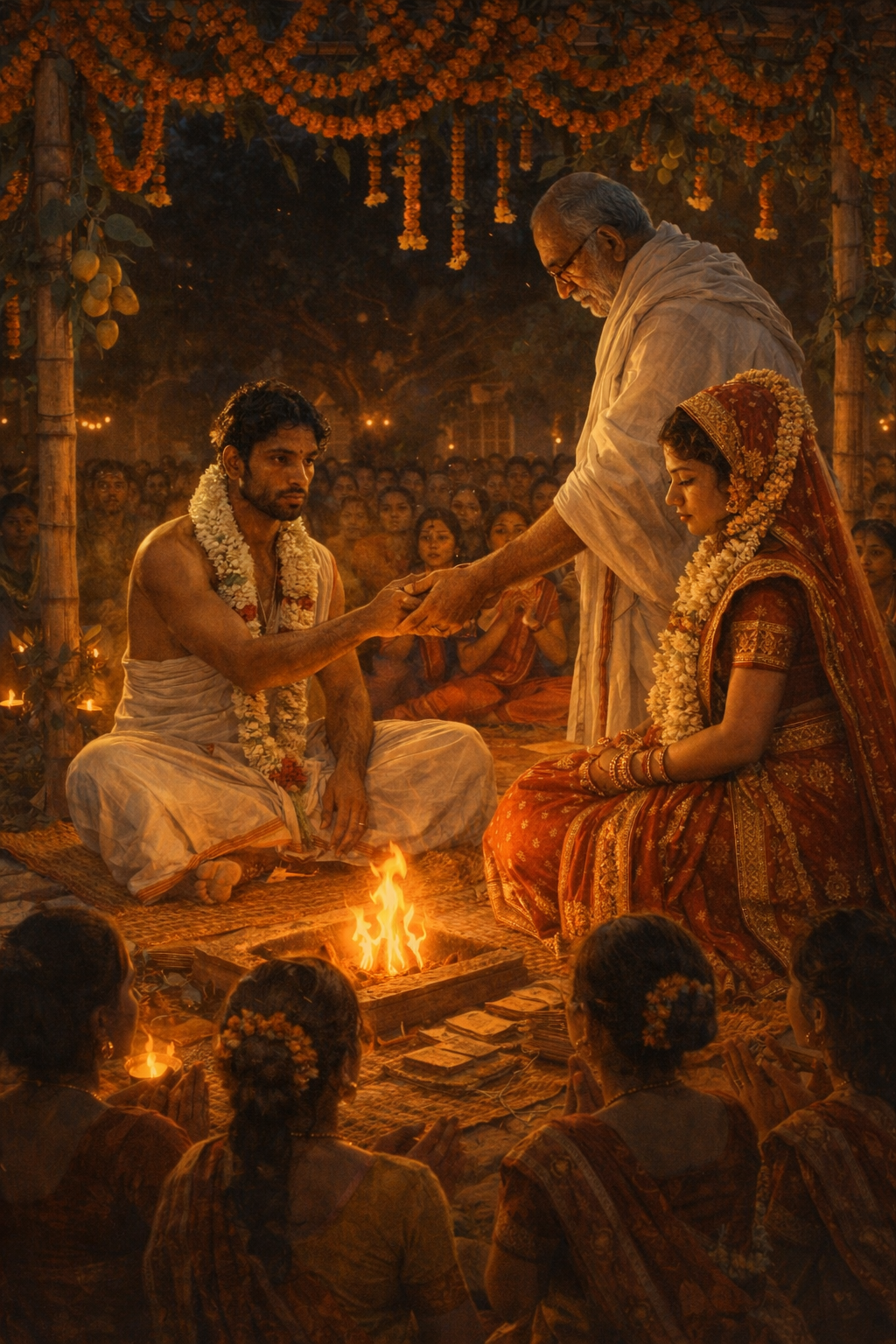 The Odia wedding ceremony — Bishu and UshaRani at the mandap, Pradhan Judhistir, girls singing Mangala Gita in chorus, villagers watching
