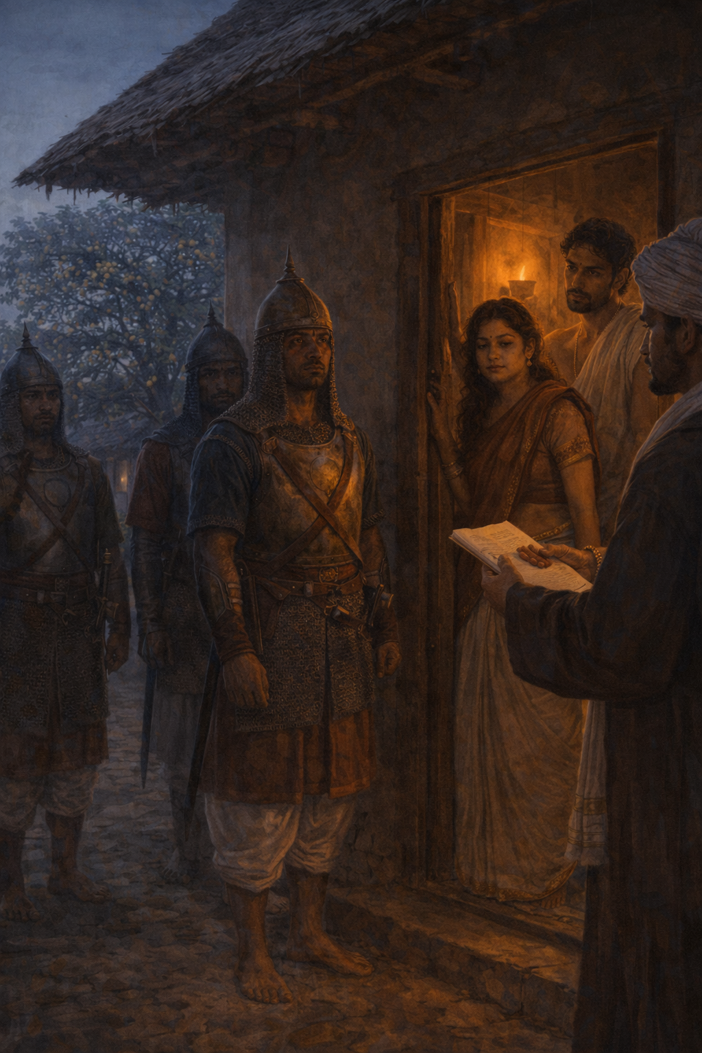 Kalinga soldiers at dawn at the door of Bishu&rsquo;s house — UshaRani at the threshold, Bishu in the doorway, the bara koli tree visible in the courtyard behind them