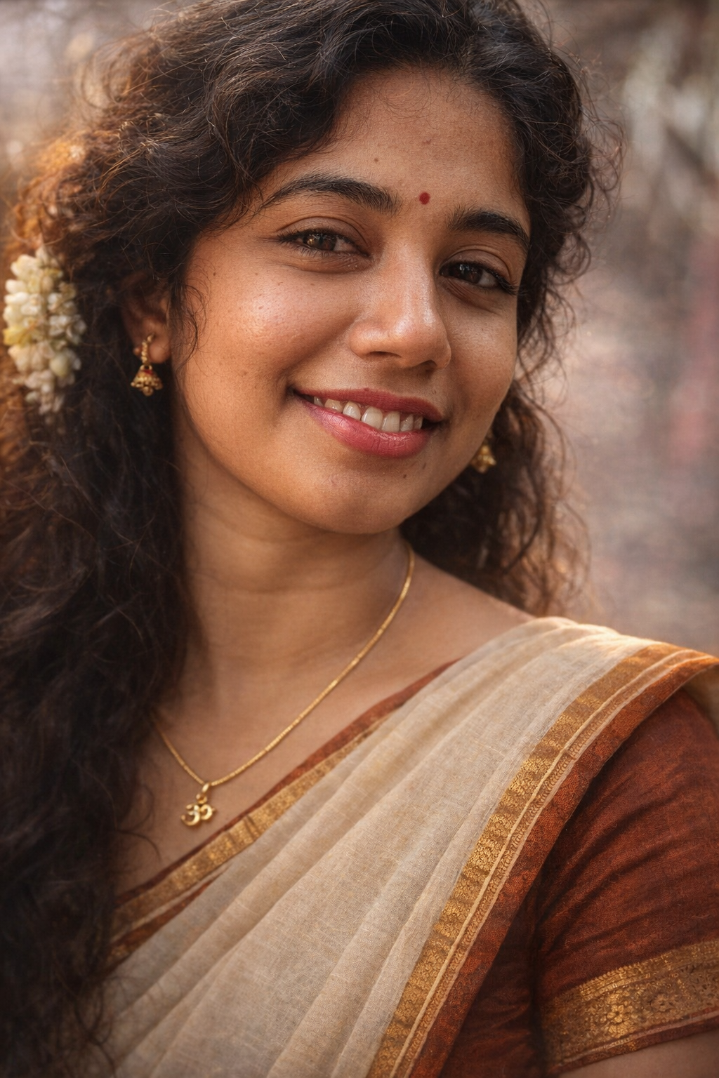 UshaRani — short, bow-shaped lips, the small teel above the corner of her mouth, always smiling