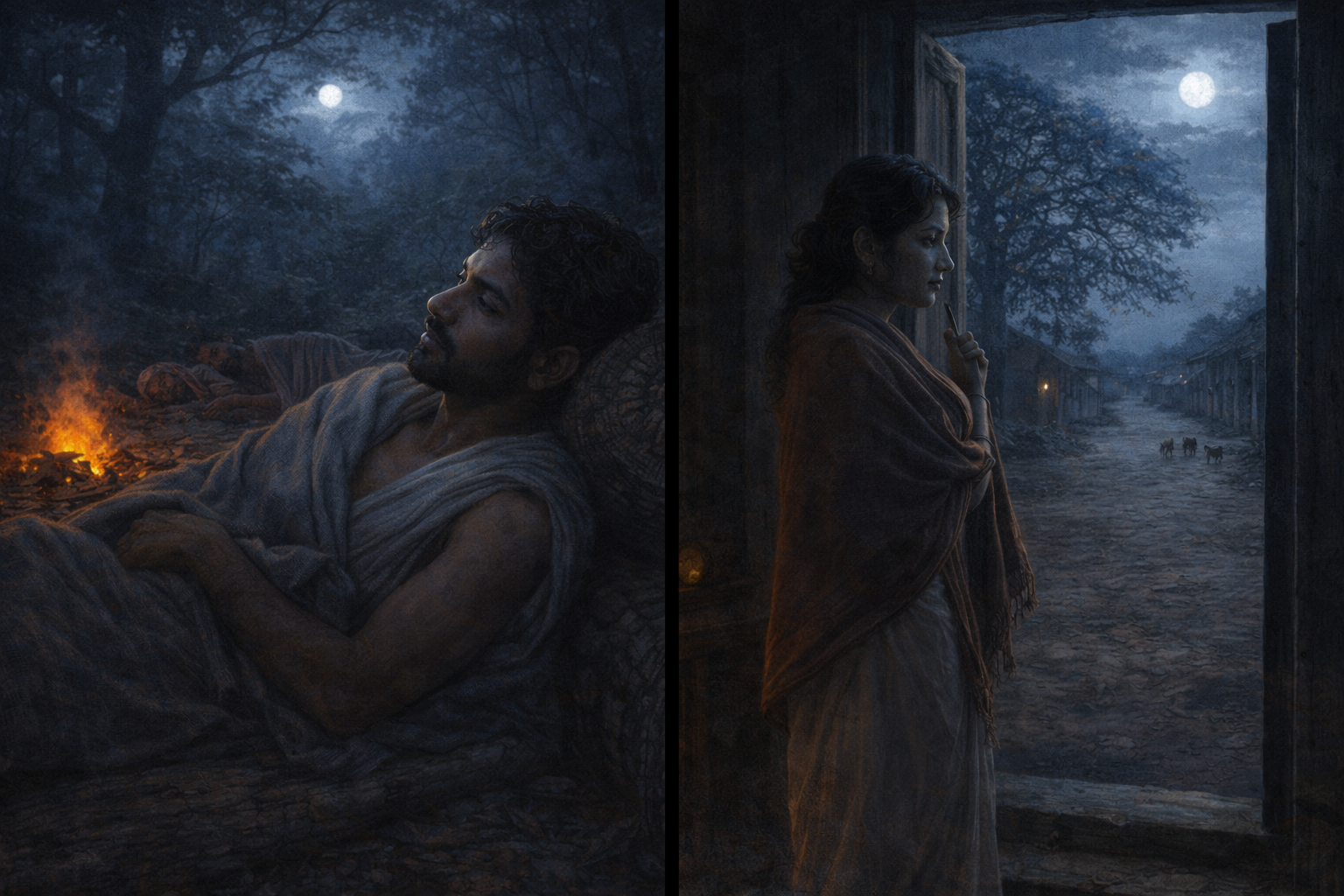 Left: Bishu waking on the fallen tree in the jungle, fire embers glowing, moonlight, Madhu asleep at a distance — Right: UshaRani opening the door to an empty night lane, bara koli in moonlight, dogs at a distance
