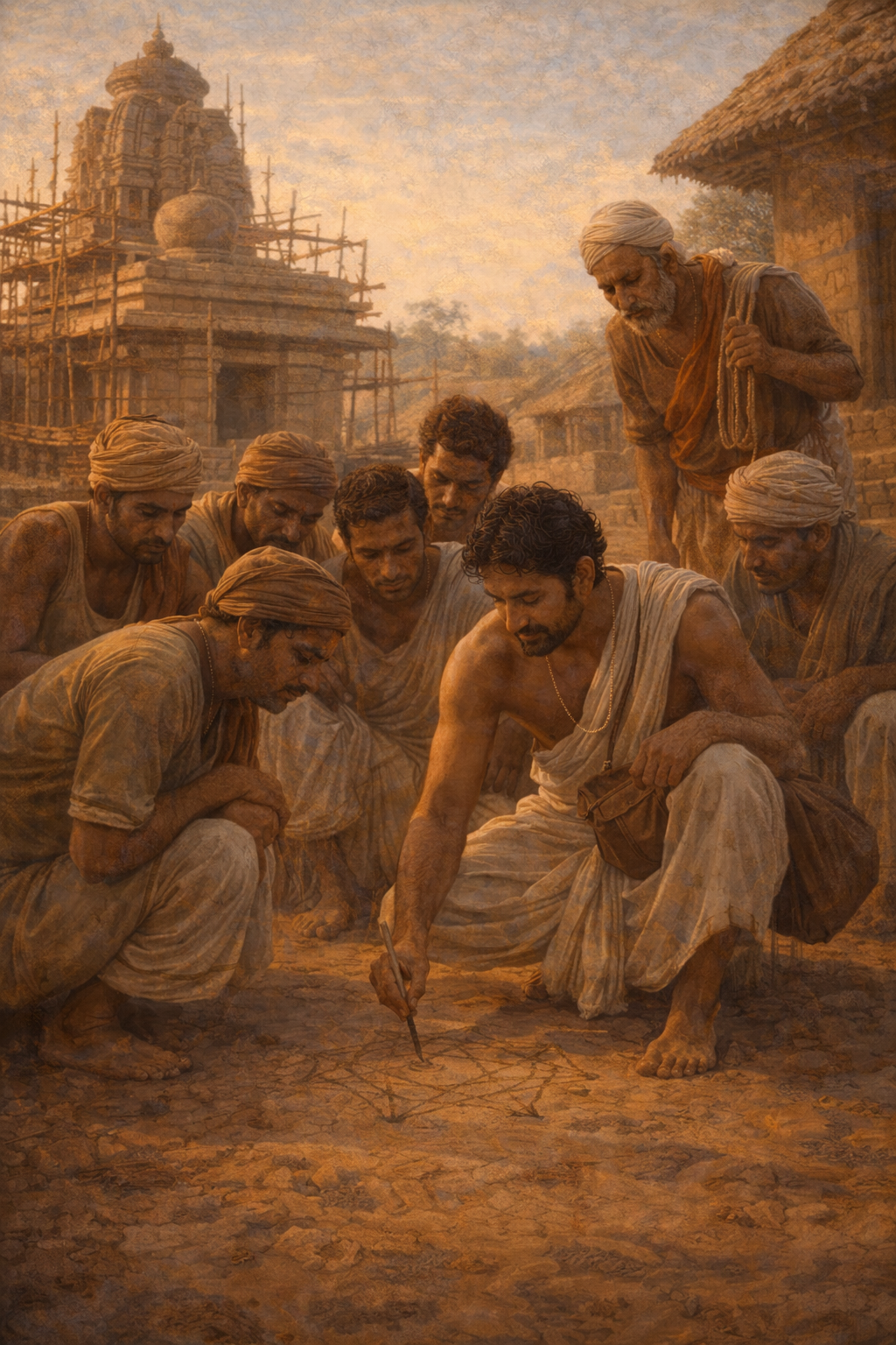 Bishu Maharana crouching in the dust, drawing the Kalasha proportion for the village Sthapati and workers — the shikhara under construction behind them