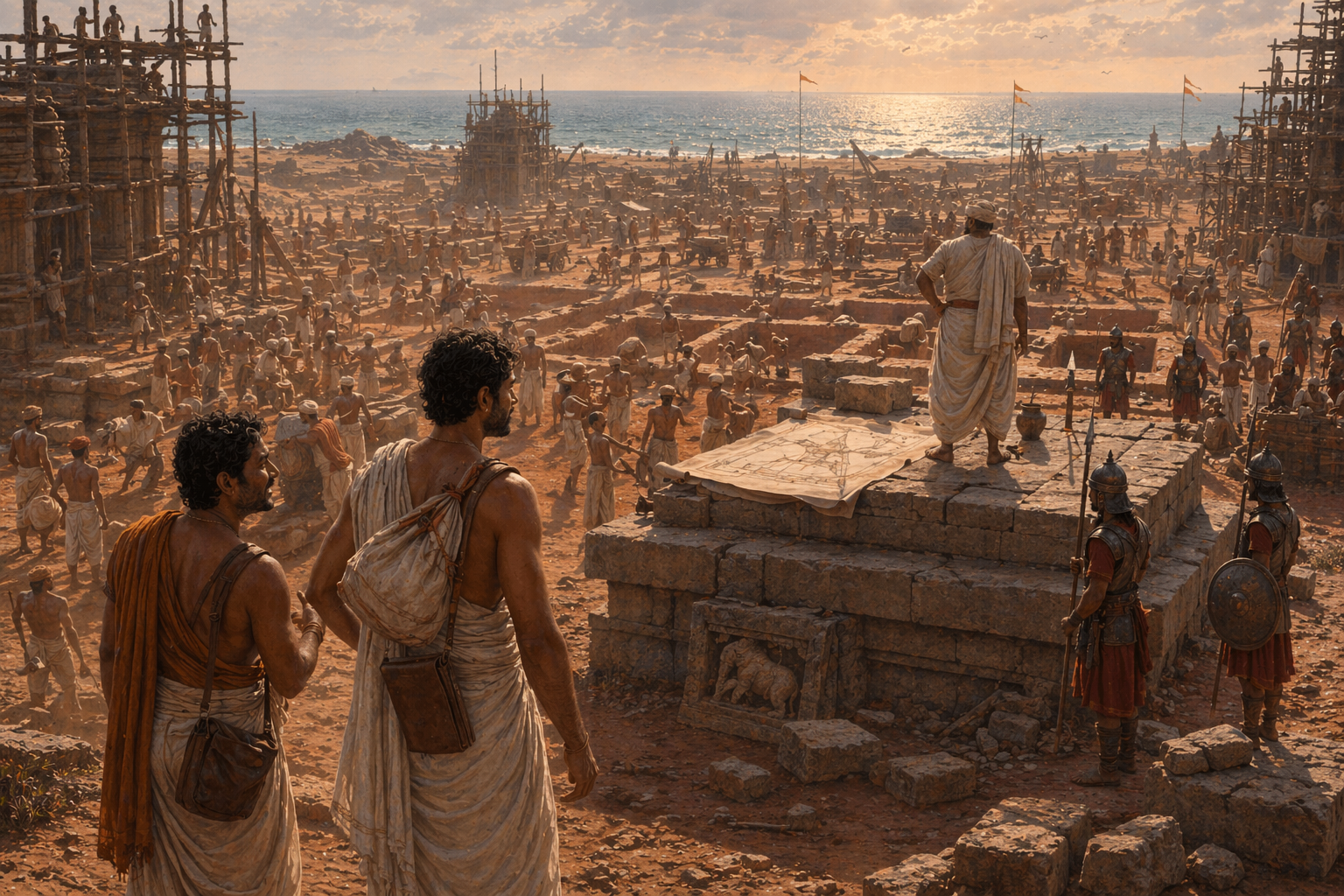 The Konark construction site — vast cleared ground, foundation trenches, hundreds of workers and Sthapatis, scaffolding, Hamija on his raised platform directing work, soldiers on perimeter