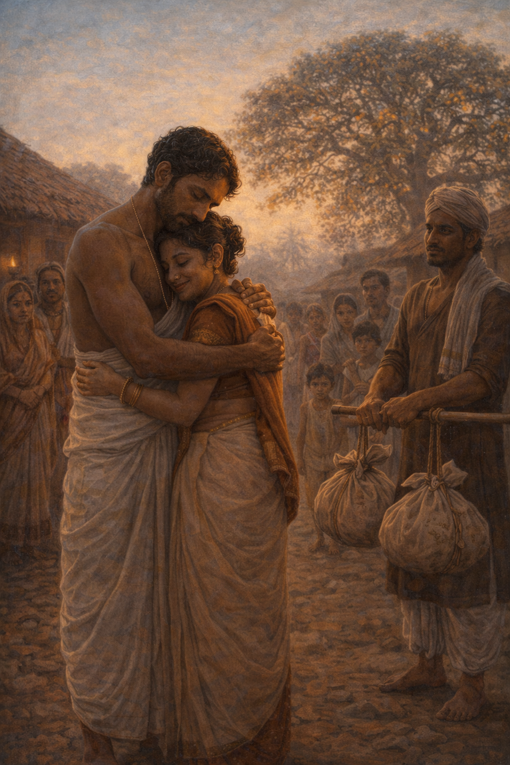 The whole village of Kalinganagar gathered at dawn to bid farewell to Bishu Maharana — putlis loaded, old Hara, Madhu, UshaRani at the door, bara koli in the background