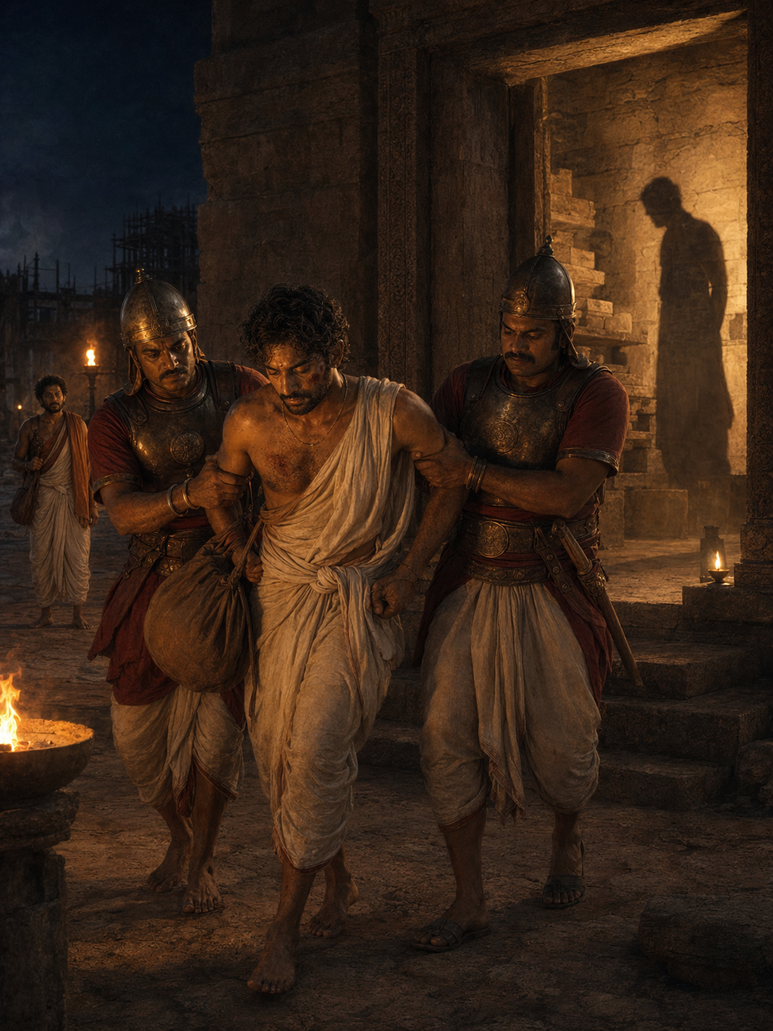 Two guards dragging Bishu away from the stone store entrance at night — Bishu not fighting, head down — the lamp-lit entrance behind him, Hamija&rsquo;s shadow at the threshold, Madhu watching helplessly from a distance