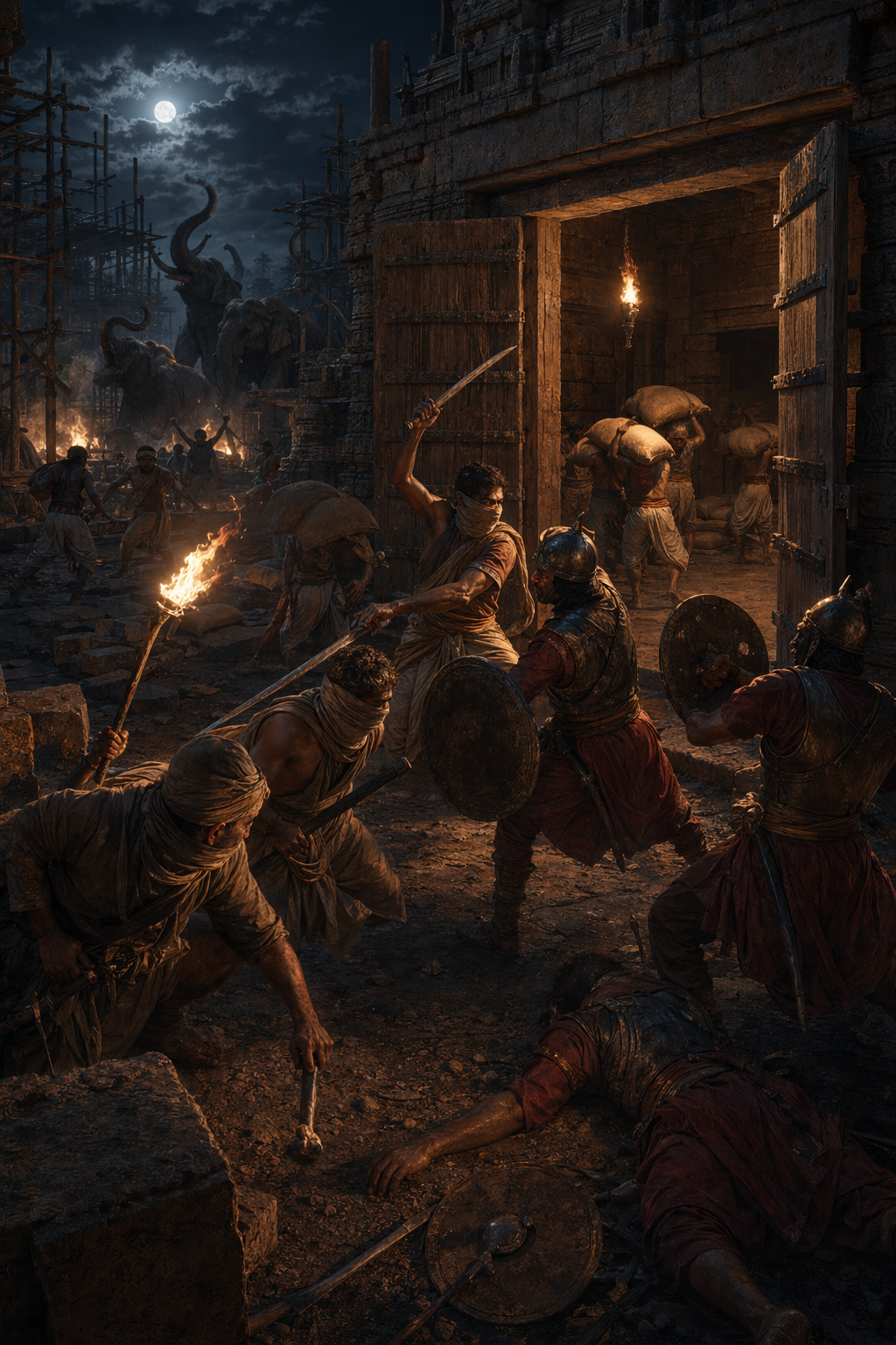 Night raid on the Konark site — Daku fighters clashing with Kalinga soldiers near the grain store, torchlight and watch-fires, stone blocks and scaffolding behind them, the chaos of a fast ambush, elephants visible in the far background beginning to stir