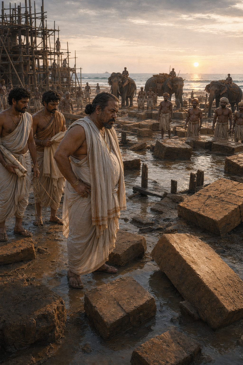 The Konark foundation zone at dawn — elephants, workers, stones displaced by the overnight tide