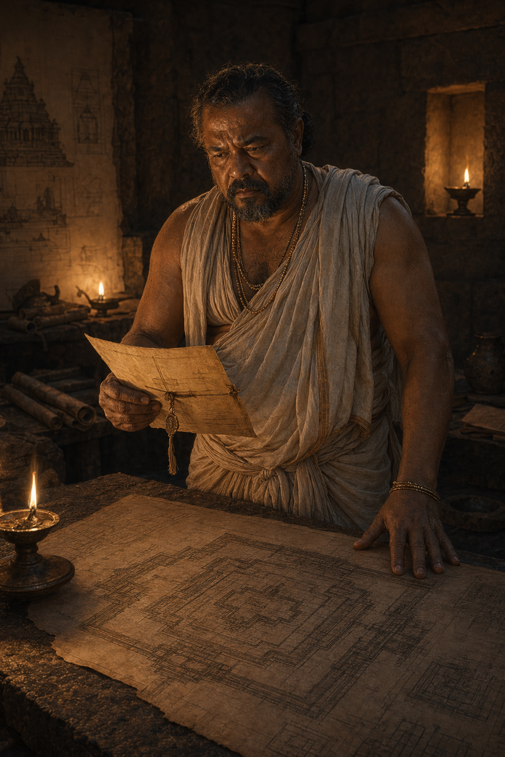 Hamija alone in his planning room — oil lamps burning, plans unrolled before him, the royal message in his hand — his face for the first time carrying the weight of no progress, the shadow of the lamp long behind him