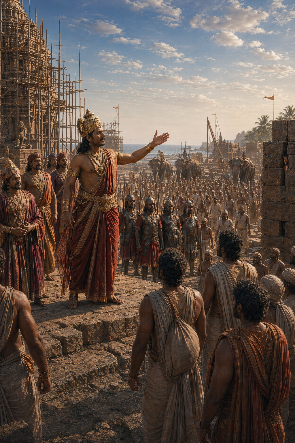 King Narasimhadeva addressing the assembled workers at the Konark site — hundreds of men listening, Hamija and his circle in the foreground — and at the far edge of the frame, barely visible, Bishu&rsquo;s face at a gap in the stone enclosure wall