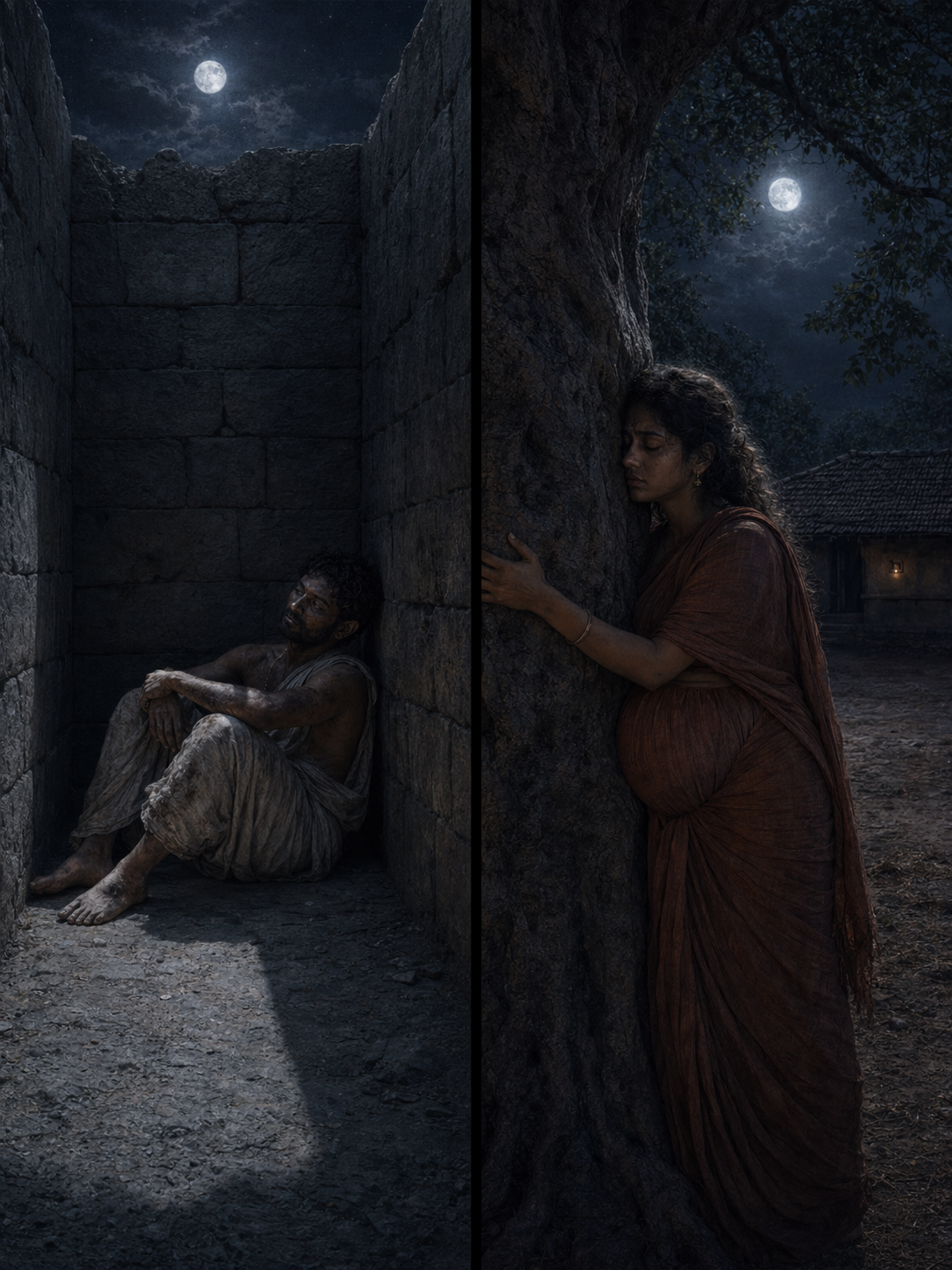 Split image — LEFT: Bishu in the corner of the stone jail, moonlight falling on the floor beside him, head bowed, bruised — RIGHT: UshaRani with arms around the bara koli in the moonlit courtyard, face pressed against the bark, visibly pregnant — same moon, same night, four weeks apart