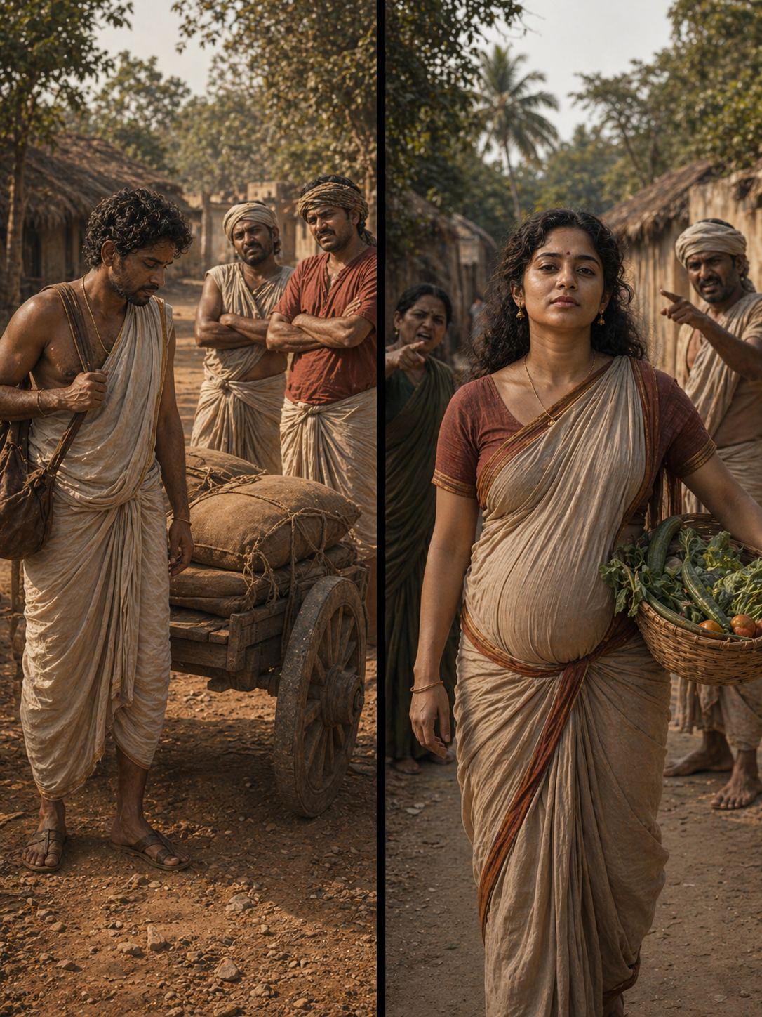 Split image — LEFT: Bishu free on a village road during food collection, two villagers standing nearby with contemptuous expressions, Bishu stopped mid-walk absorbing it — RIGHT: UshaRani on the Kalinganagar lane, visibly pregnant, vegetable basket on her arm, two figures behind her, her face forward and composed