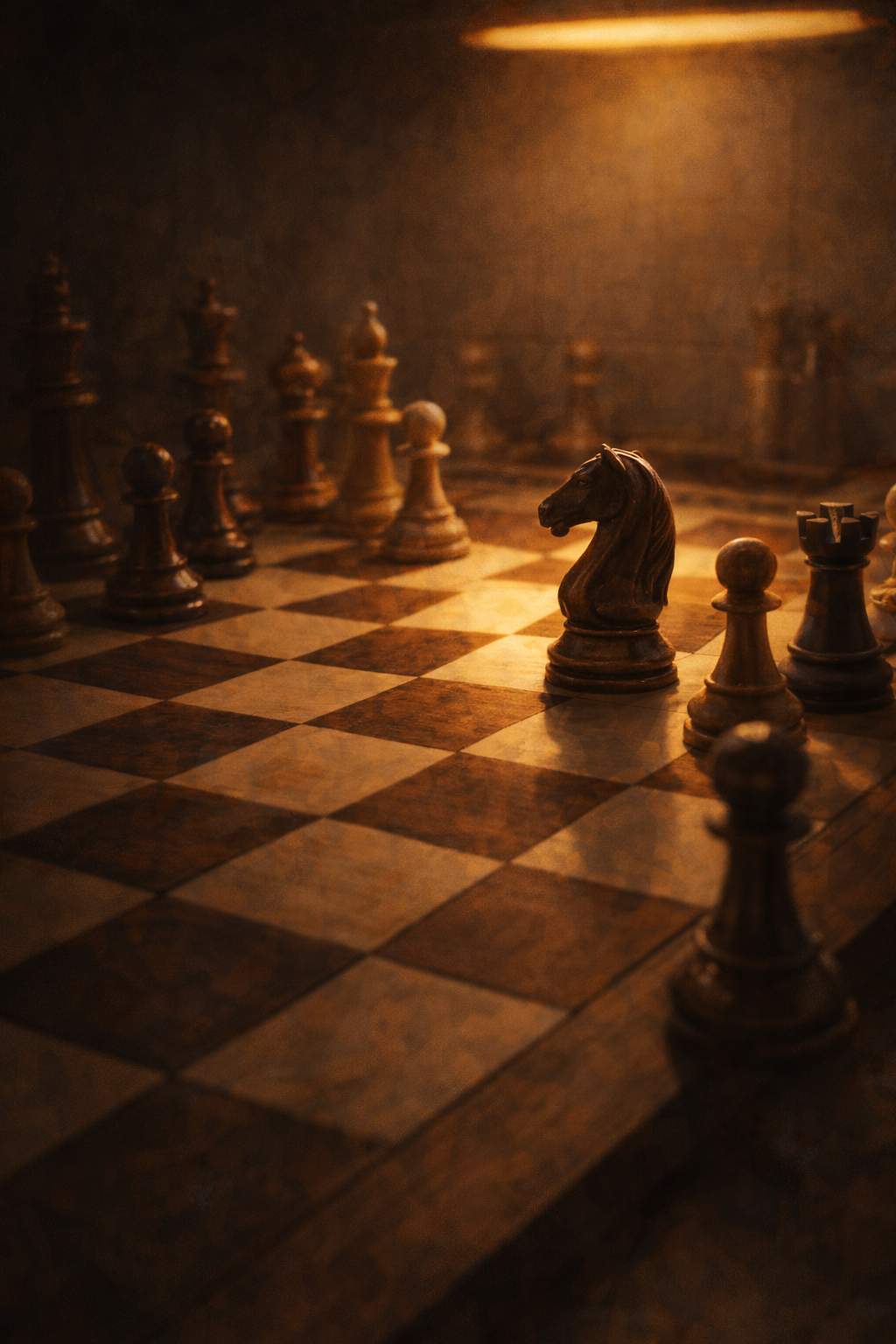 A chess board mid-game, close-up — pieces mid-conversation, warm low light, one move waiting to be made