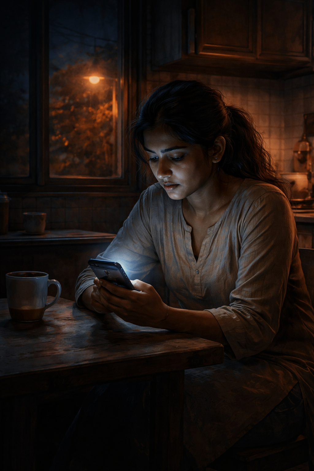 Meera alone in her Chennai kitchen at night, phone light on her face, watching the chess news