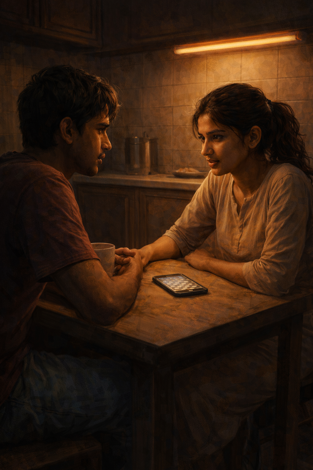 Meera and Kiran at the kitchen table late at night — facing each other, a chess app open on his phone between them, low warm light