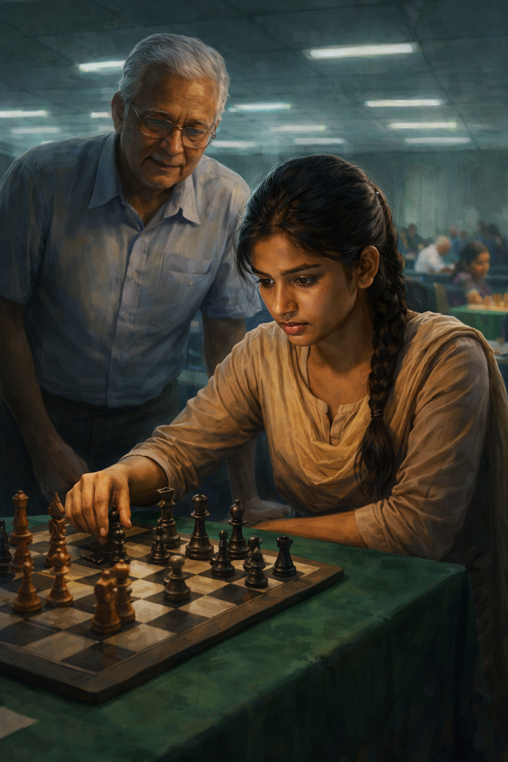 Young Meera at a chess tournament — intense focus, tournament hall, pieces mid-game, her coach watching from behind