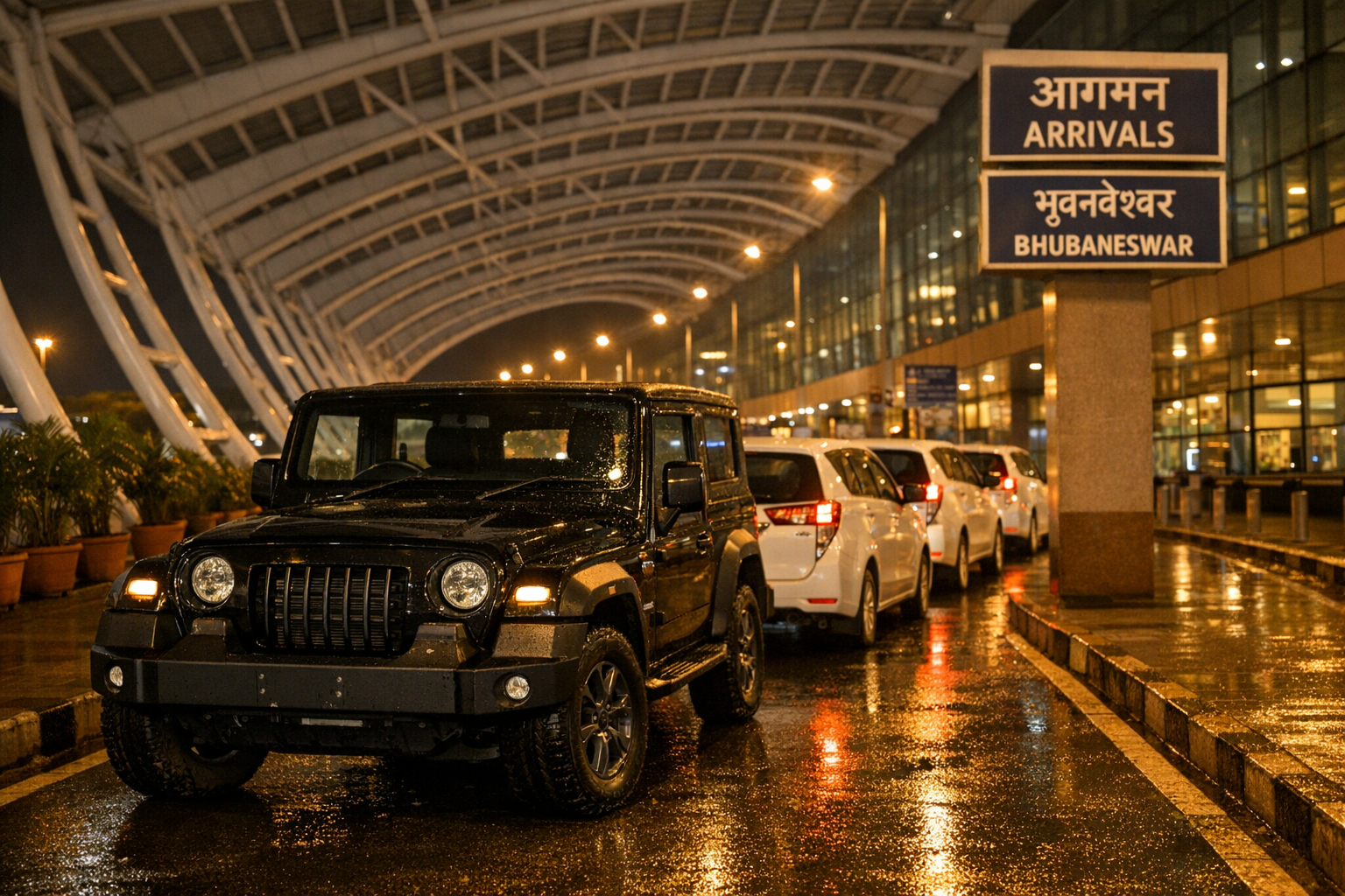 Black Mahindra Thar at the Bhubaneswar Arrivals lane at night — waiting before time, as always