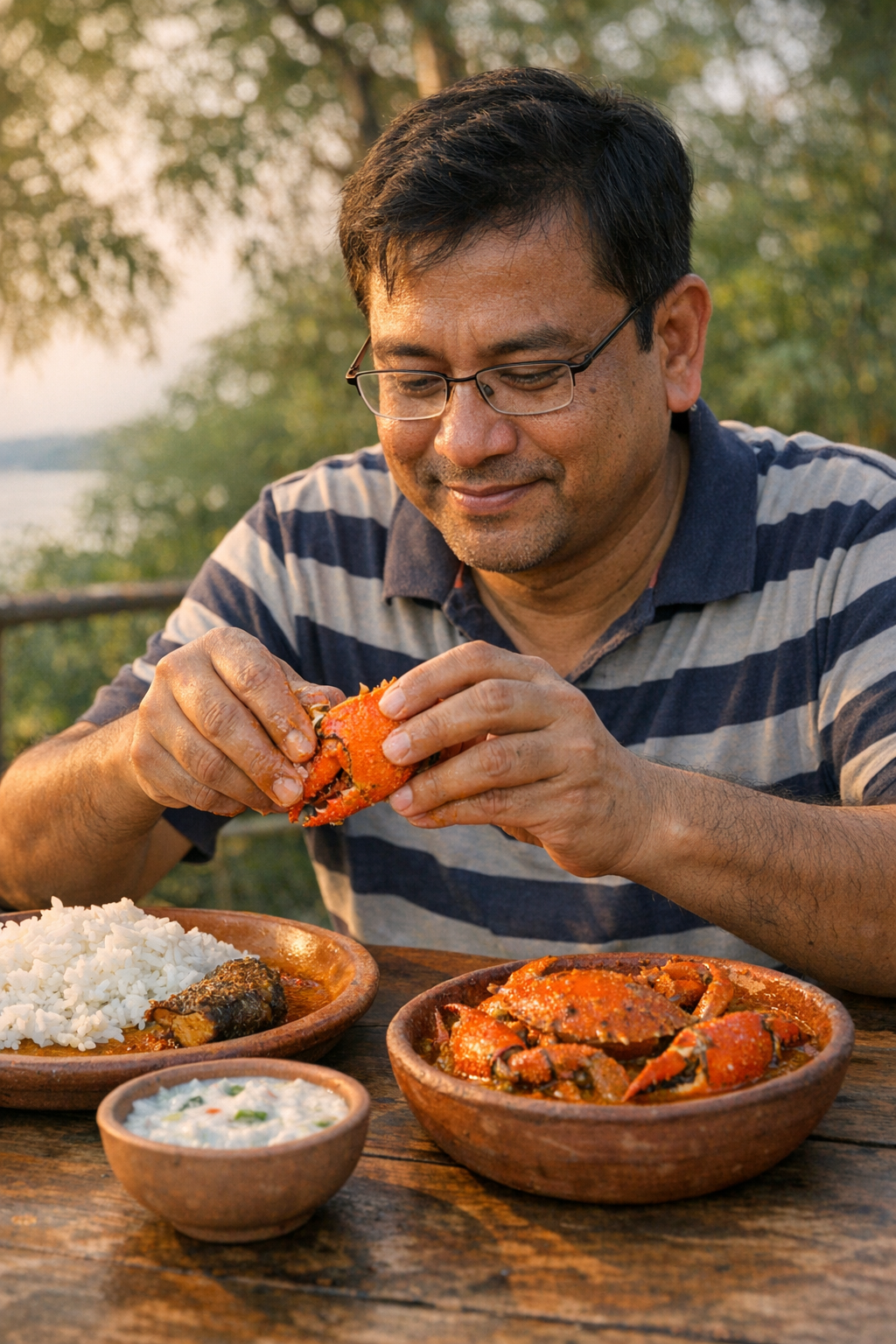 Woodward working through a large Odia crab at Panthanivas — rice, fish curry, crab curry, the full spread