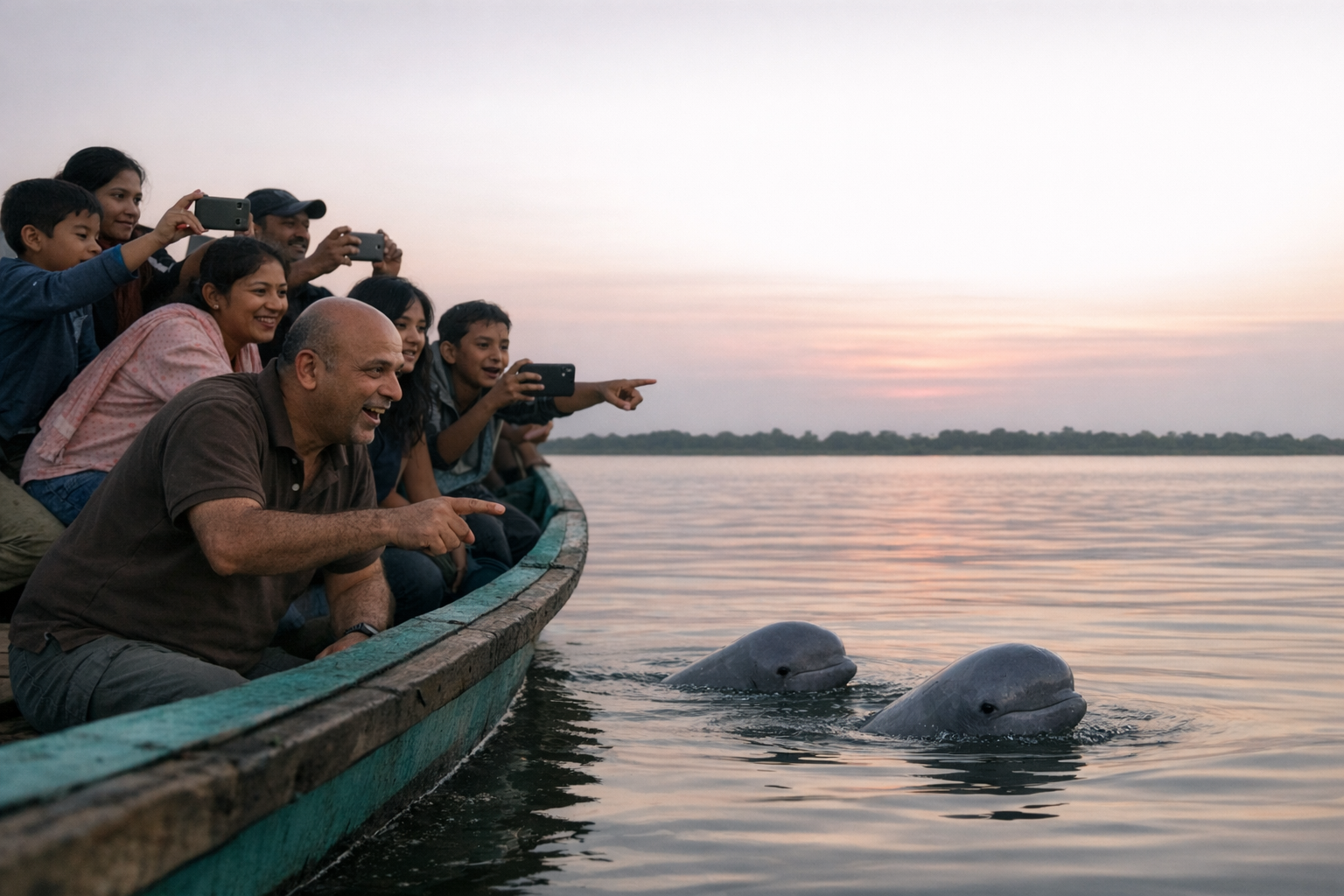 The dolphins appear beside the boat at dusk on Chilika — people leaning over, phones up, Ullas as surprised as anyone