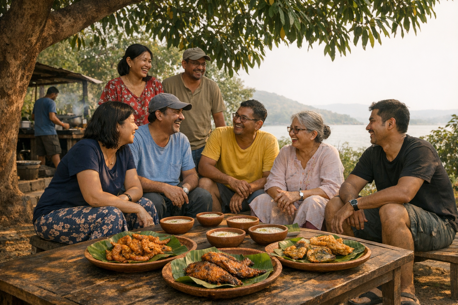 The group assembled under a mango tree at Rambha Panthanivas — prawn fry, fish fry, kheer on banana leaf plates, Chilika in the background