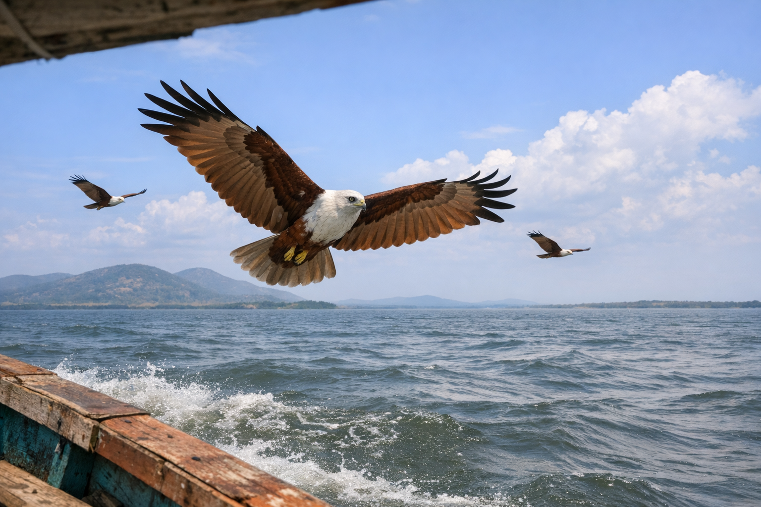 Brahminy kites in flight over Chilika Lake — shot from the boat at midday, hills and open water behind