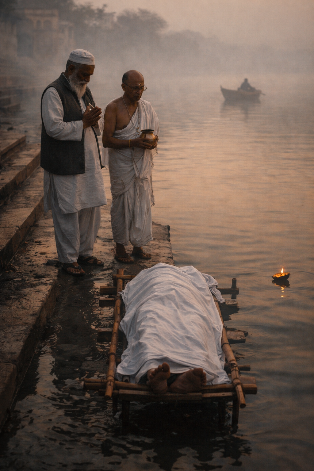 Raheem Chacha and Pandit Suresh ji at Jhunki Ghat — last rites at the Saryu river, mist on the water, a diya floating past