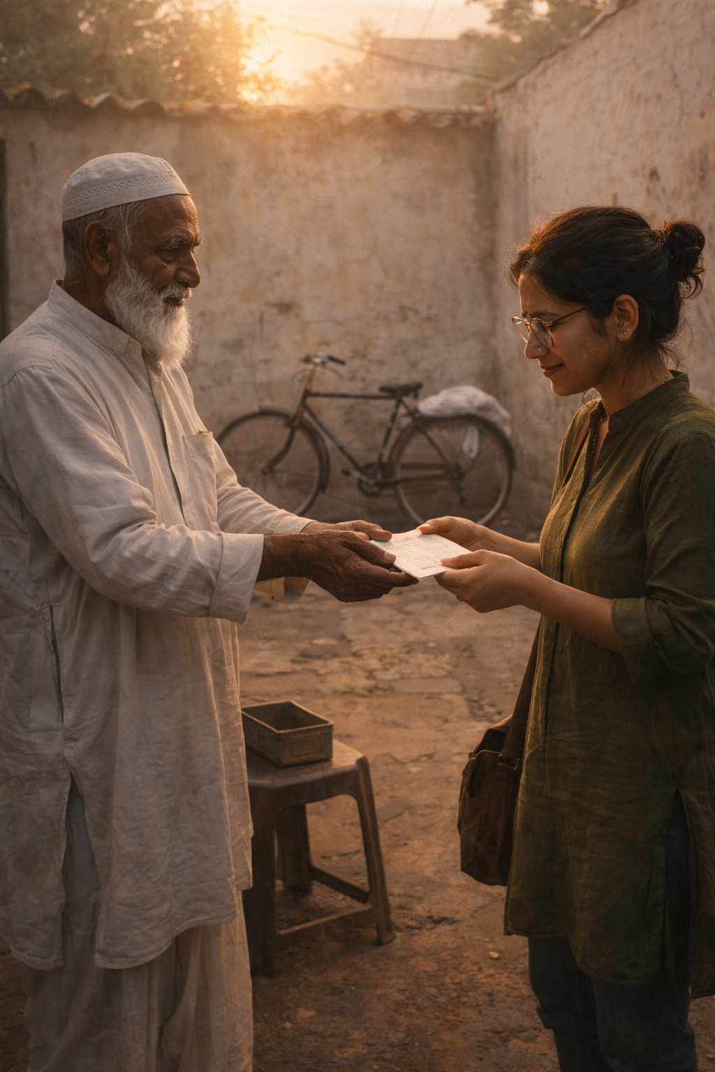 Raheem Chacha handing the old letter to Priya in his Rikabganj courtyard — the white bicycle with its white cloth against the wall behind him