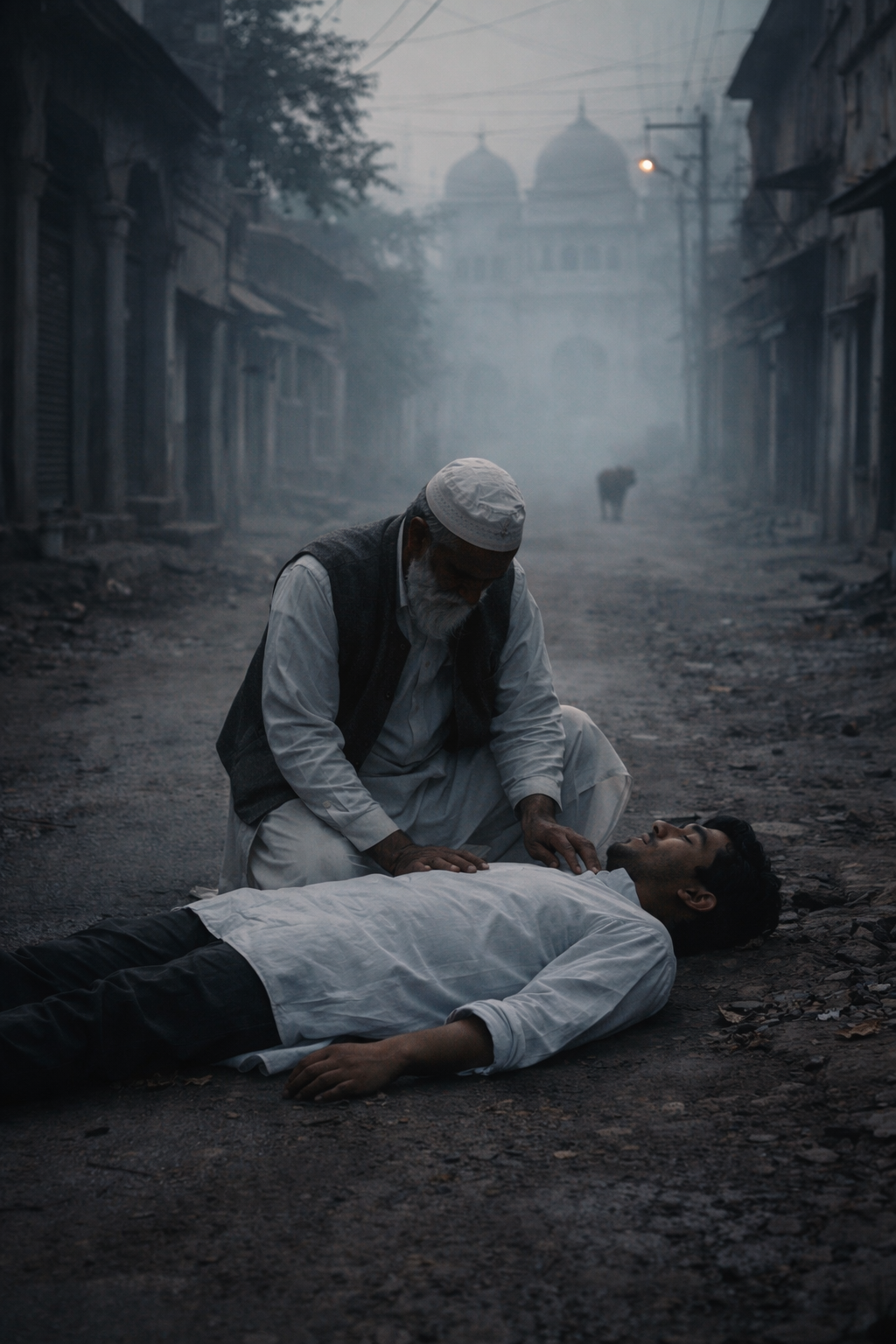 The flashback — 1993, Raheem Chacha kneeling beside his son Altaf near Gulab Bari, Faizabad, dawn