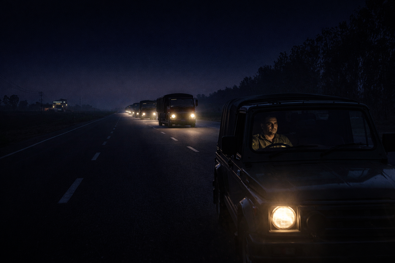 A military convoy moving on an empty Punjab highway before sunrise, headlights cutting through the dark
