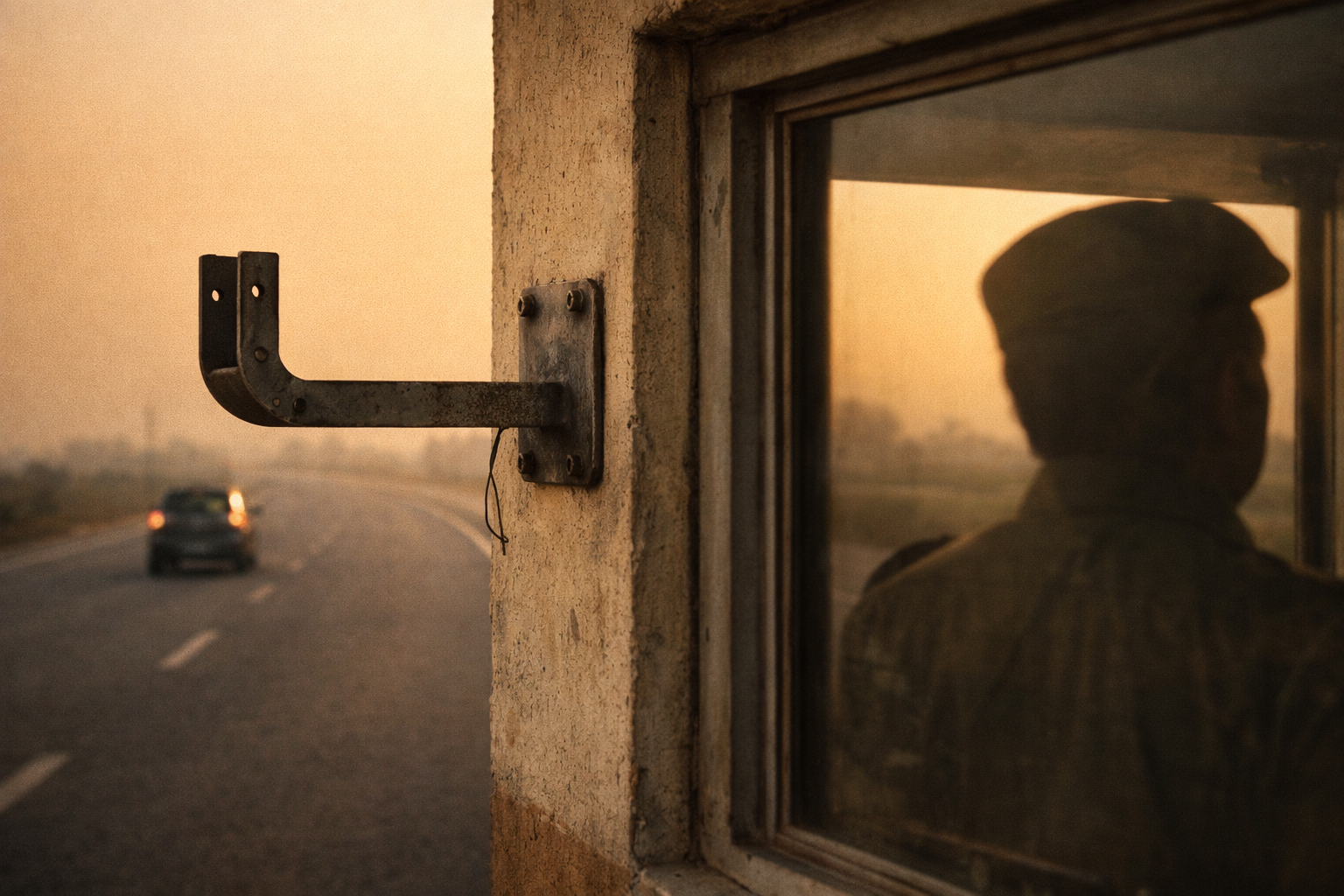 Close-up of a toll booth camera bracket with the camera removed — just an empty metal arm on weathered concrete