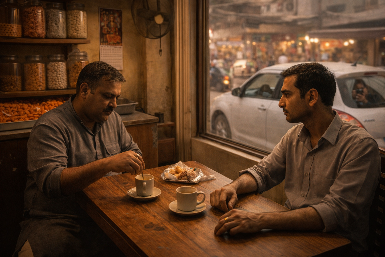 Two men sitting at a mithai shop near Wagah, Amritsar — an ordinary meeting with a dangerous purpose