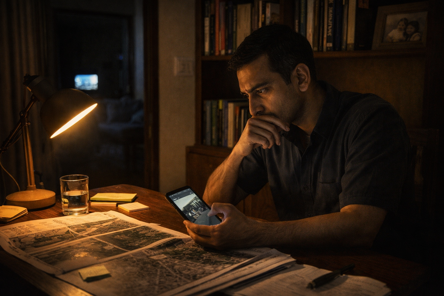 An Army logistics officer alone at his desk late at night, studying maps and phone images
