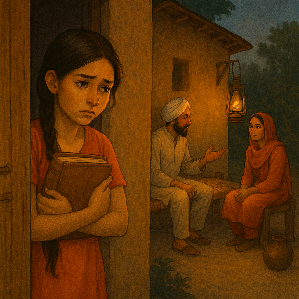 A worried village girl holding her schoolbooks — Small mud house courtyard with lantern light — Girl