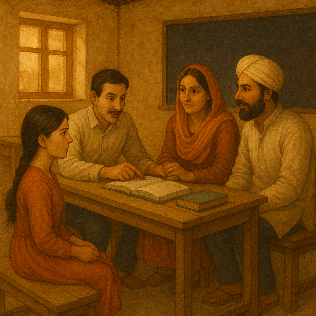 Teachers and parents in discussion, with Khusi sitting quietly nearby — Village school classroom wit