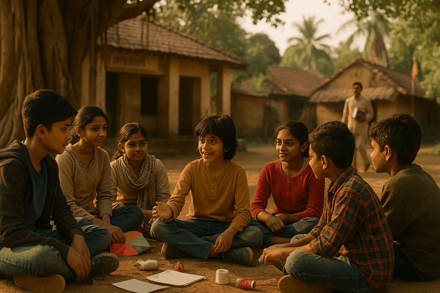 Kids plan the kite contest under the banyan tree