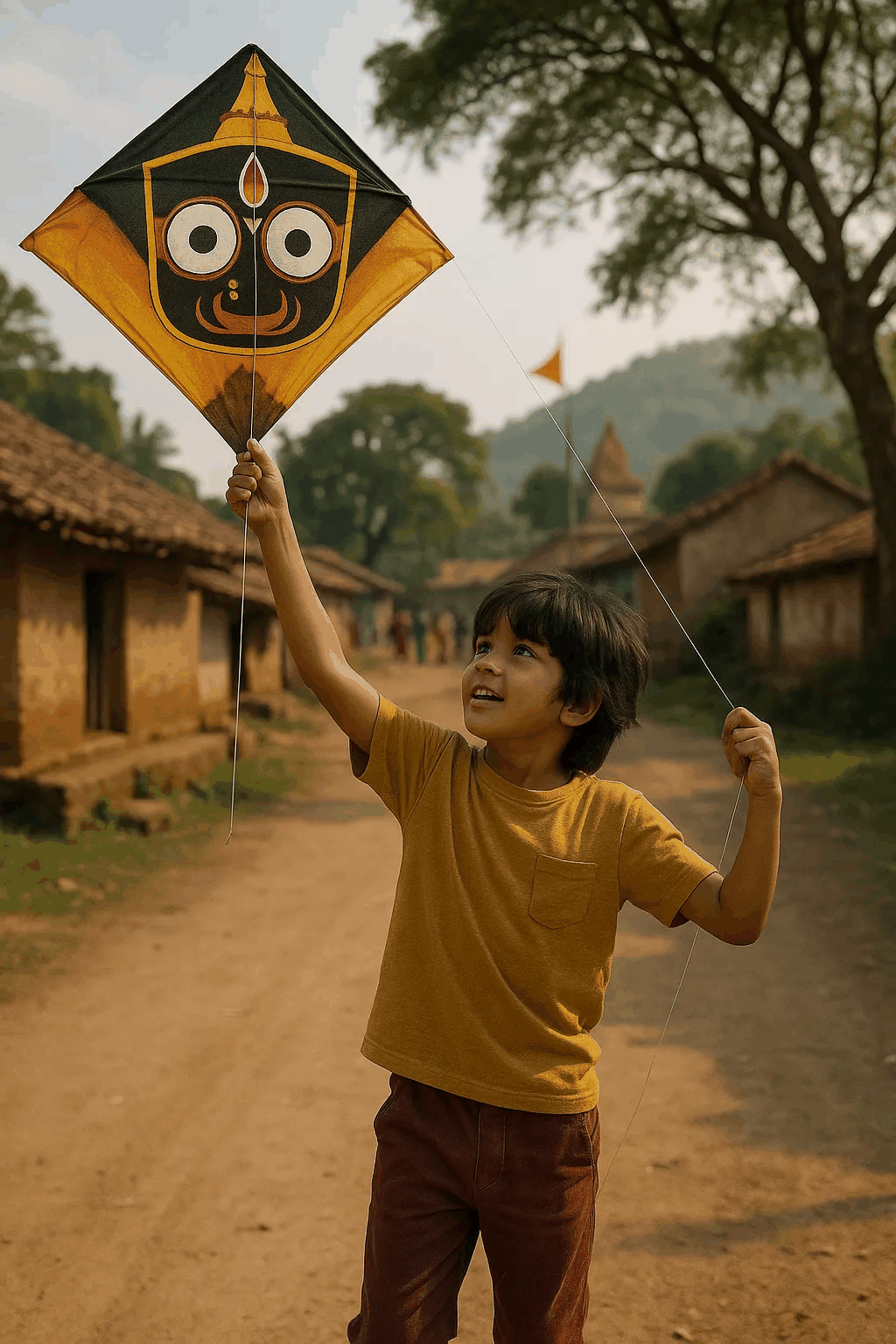 Sammi practices with his Jagannath-themed kite
