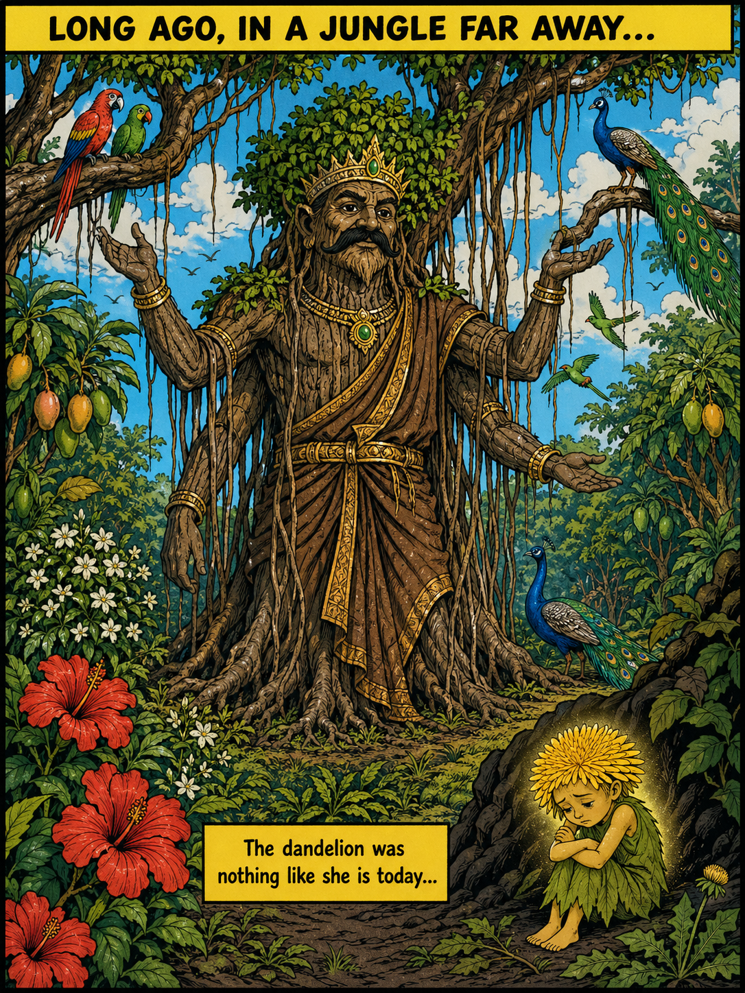 Wide jungle establishing shot in Amar Chitra Katha style — Banyan tree king dominant in centre with wide spreading roots, smaller plants around, a small dandelion alone in the corner, panel heading &ldquo;LONG AGO, IN A JUNGLE FAR AWAY&mldr;&rdquo;