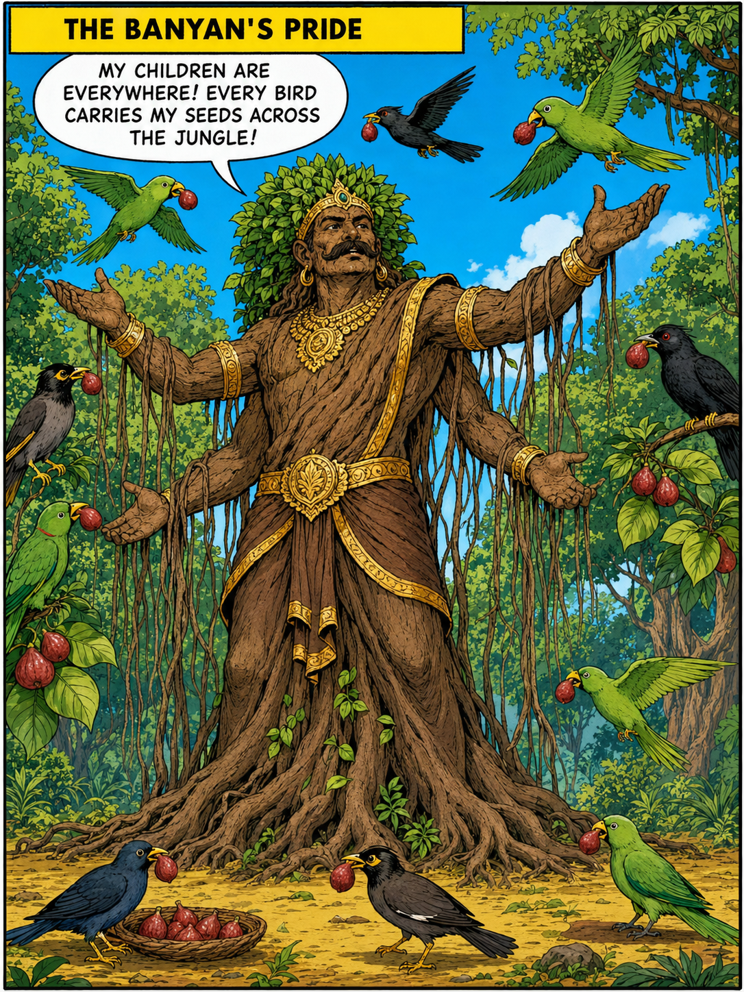 Banyan tree king with regal moustache and bark-textured robes boasting under the open sky in Amar Chitra Katha comic style, colourful birds carrying small fruits flying away in different directions, speech bubble from Banyan saying &ldquo;My children are everywhere!&rdquo;, yellow heading rectangle at top reading &ldquo;THE BANYAN&rsquo;S PRIDE&rdquo;