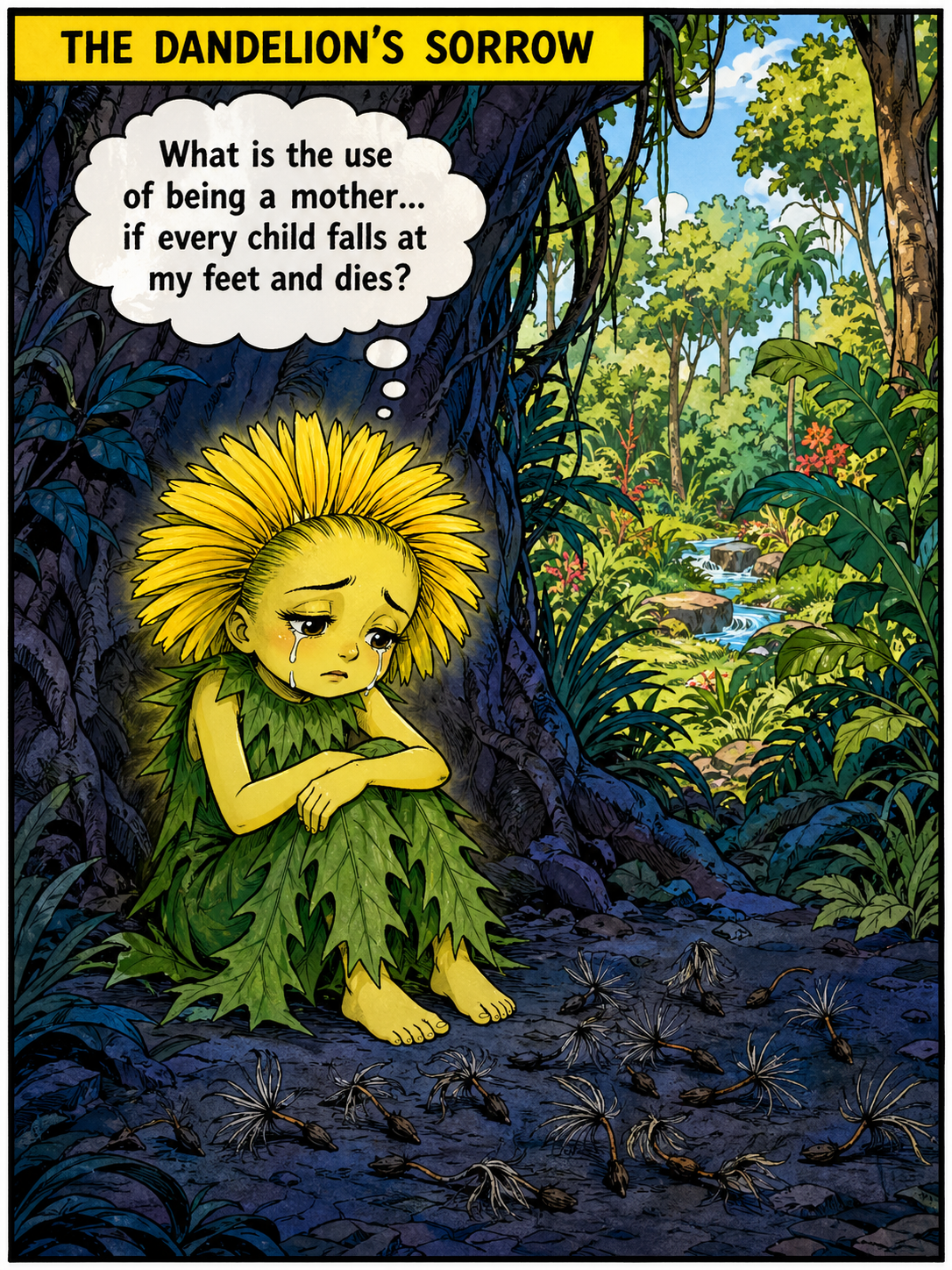 A small anthropomorphised dandelion girl-spirit with yellow petal headdress and green leaf dress sitting alone in a corner of the jungle, head bowed, dried dark seeds at her feet on the ground, small tears falling, thought bubble above her saying &ldquo;What is the use of being a mother&mldr; if every child falls at my feet and dies?&rdquo;, yellow heading rectangle at top reading &ldquo;THE DANDELION&rsquo;S SORROW&rdquo;, Amar Chitra Katha comic style