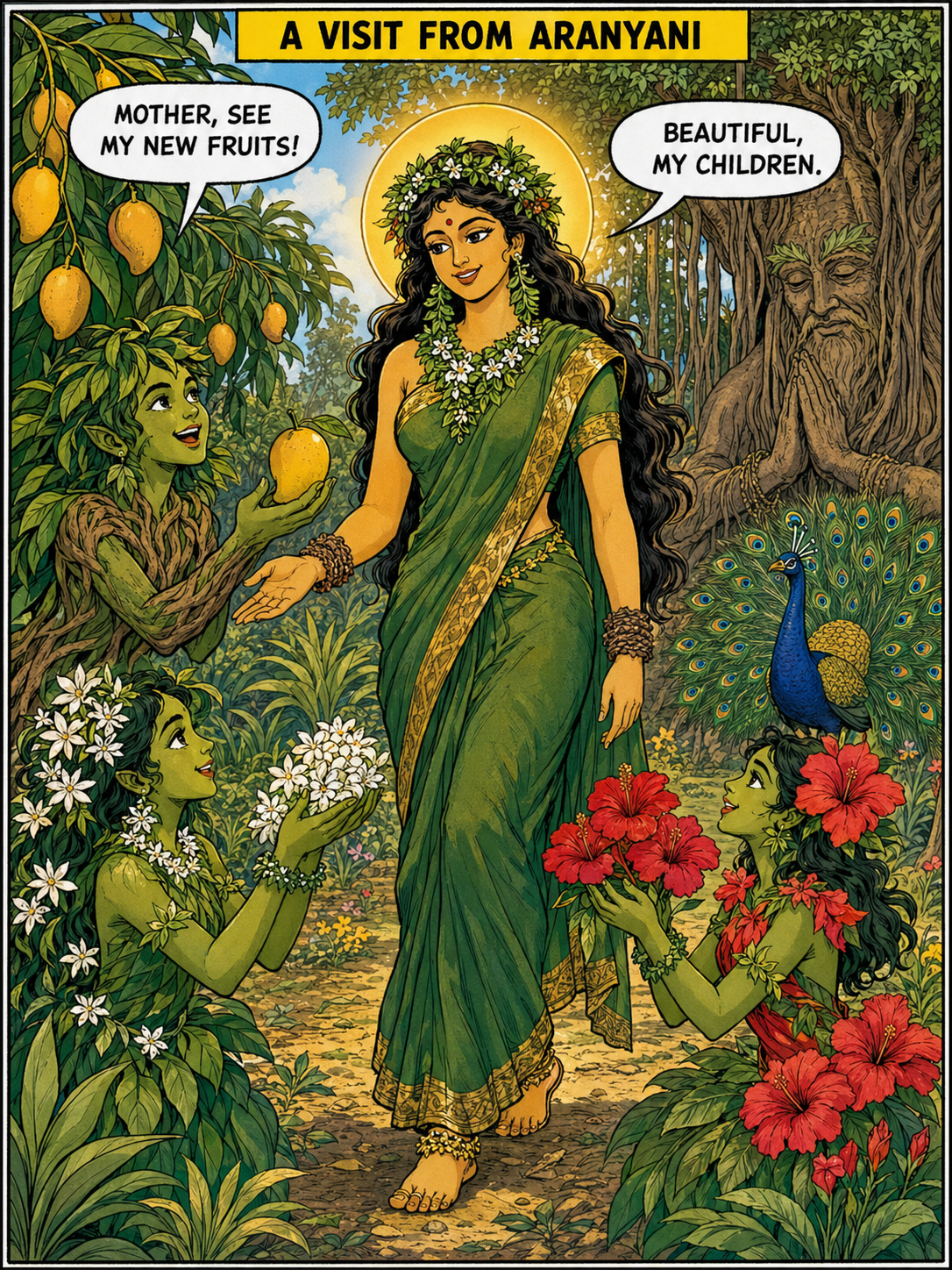 Goddess Aranyani in a beautiful forest-green sari with gold borders, vine and leaf jewellery, tall and graceful with a soft glowing halo, walking through the jungle as plants and trees bow toward her presenting fruits and saplings, Banyan visible in the background bowing, mango tree and jasmine bush in foreground showing her their offerings with speech bubbles, panel heading &ldquo;A VISIT FROM ARANYANI&rdquo;, Amar Chitra Katha style