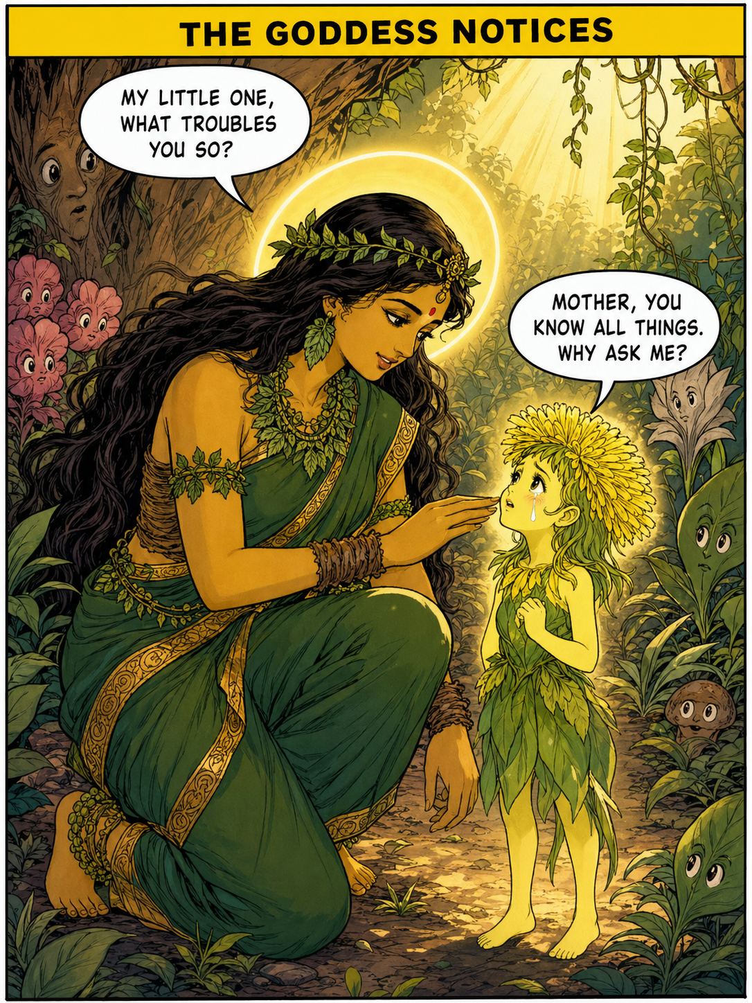 Goddess Aranyani in green sari kneeling tenderly beside the small weeping dandelion girl-spirit, the goddess&rsquo;s hand extended toward the dandelion&rsquo;s cheek, dandelion looking up with tearful yellow face, two speech bubbles — Aranyani saying &ldquo;My little one, what troubles you so?&rdquo; and Dandelion saying &ldquo;Mother, you know all things. Why ask me?&rdquo;, soft golden light around the goddess, panel heading &ldquo;THE GODDESS NOTICES&rdquo;, Amar Chitra Katha style