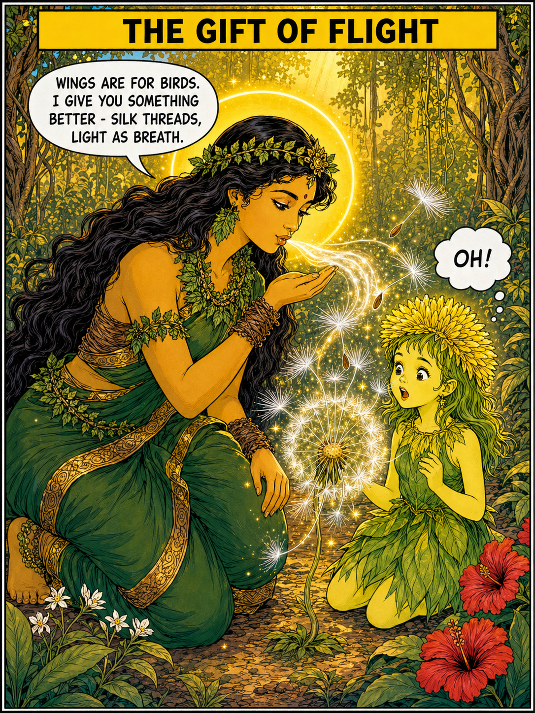 Goddess Aranyani breathing softly upon the dandelion, tiny silver parachutes blooming on each seed — Amar Chitra Katha style illustration
