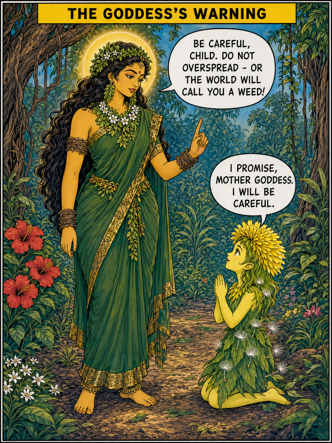 Goddess Aranyani standing tall, finger gently raised in warning, expression kind but stern, the small dandelion girl-spirit kneeling and bowing in promise, speech bubble from Aranyani saying &ldquo;Be careful, child. Do not overspread — or the world will call you a weed&rdquo;, speech bubble from Dandelion saying &ldquo;I promise, mother goddess&rdquo;, panel heading &ldquo;THE GODDESS&rsquo;S WARNING&rdquo;, Amar Chitra Katha style