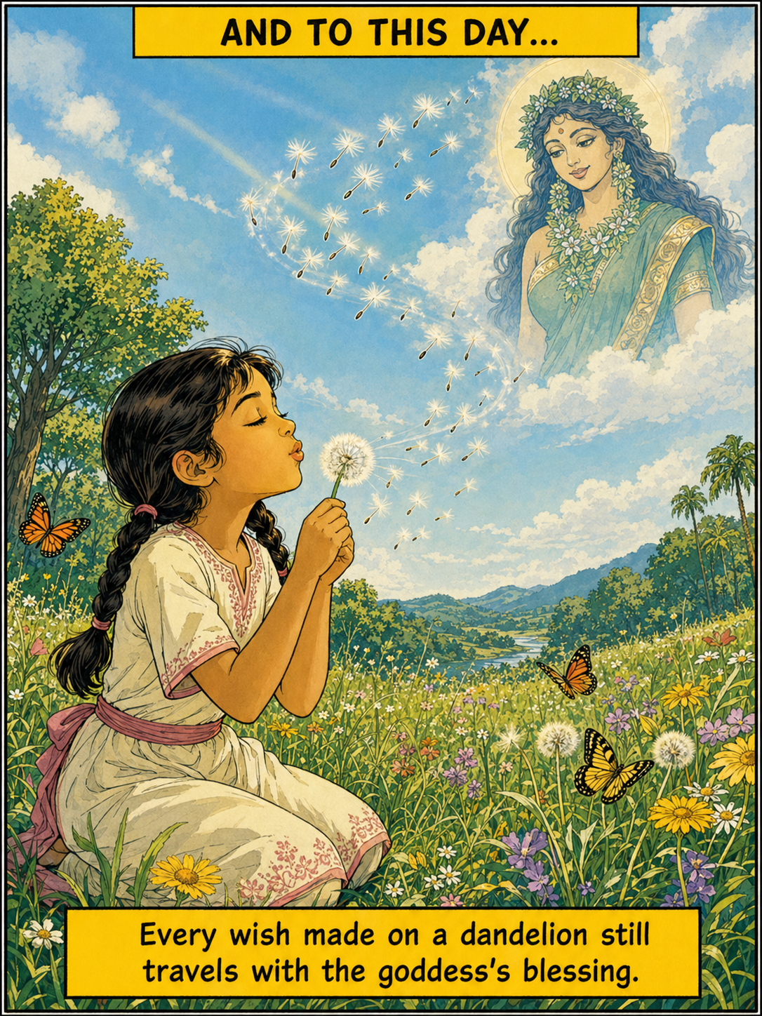 A modern-day Indian child kneeling in a sunny green meadow, eyes closed, blowing on a white dandelion puffball, the silver-white parachute seeds rising into the sky in a beautiful spiral, in the soft clouds above the faint outline of goddess Aranyani smiling watching from afar, caption box at top saying &ldquo;AND TO THIS DAY&mldr;&rdquo;, another caption box at bottom saying &ldquo;Every wish made on a dandelion still travels with the goddess&rsquo;s blessing&rdquo;, Amar Chitra Katha style with present-day touches