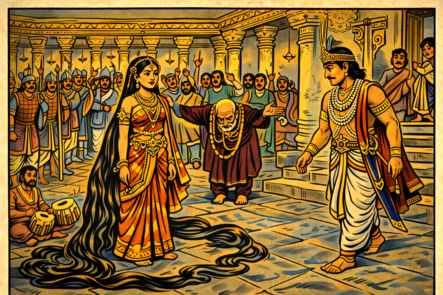 Panchakanya presented to the king in the grand darbar — the stolen hair on her head, the minister bowing, the court celebrating