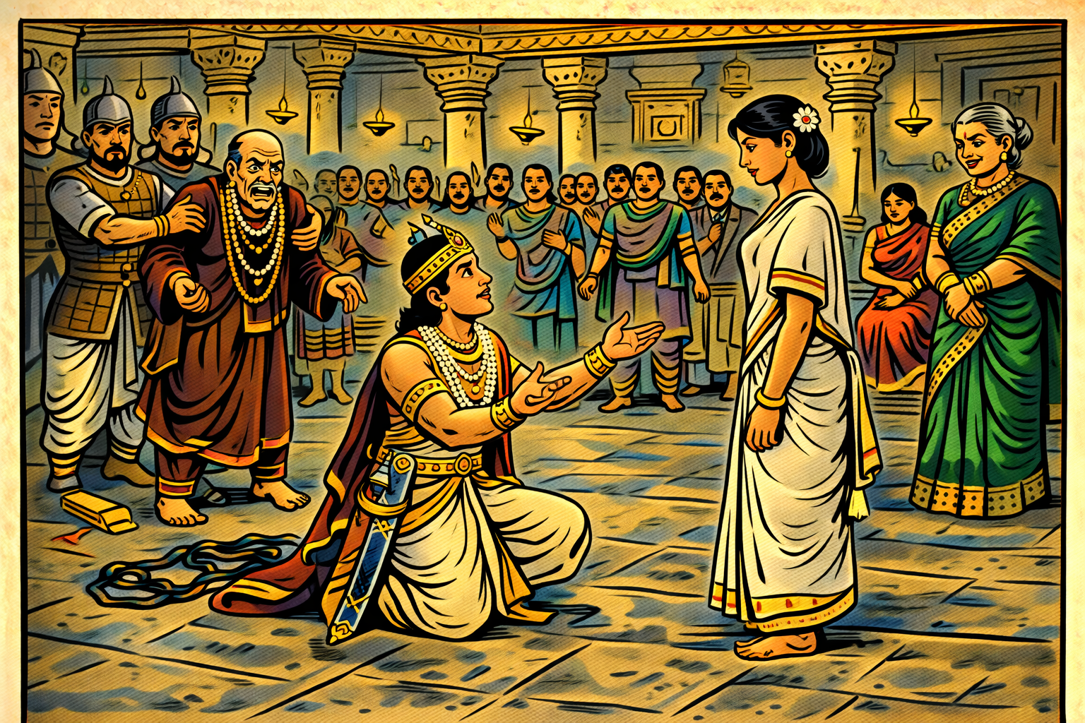 The king kneels before Shrutisukala in the stunned darbar — Rajmata Sandyadebi watches proudly, Minister Bruhananda is arrested